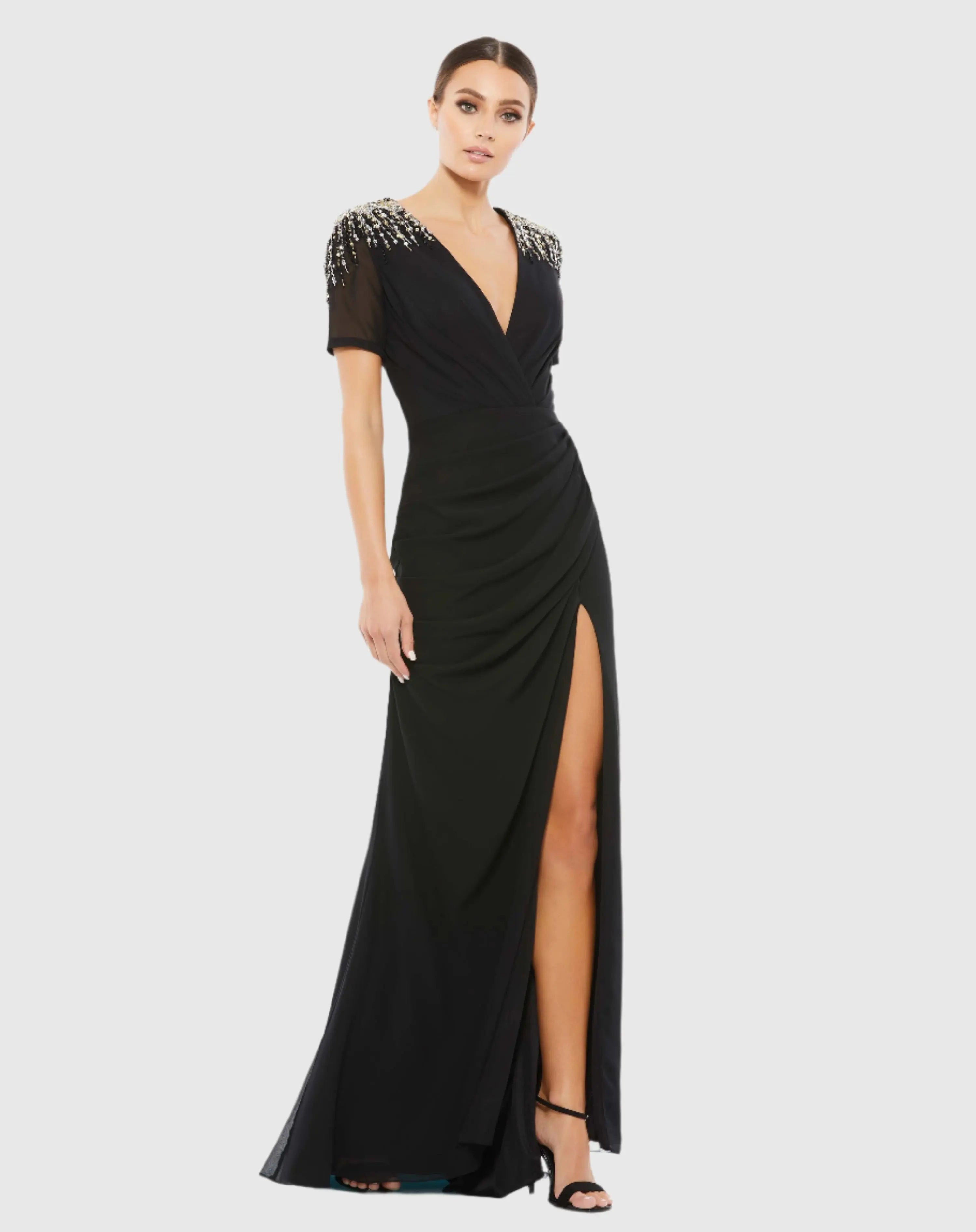 Black Embellished Shoulder Evening Gown-Myartka