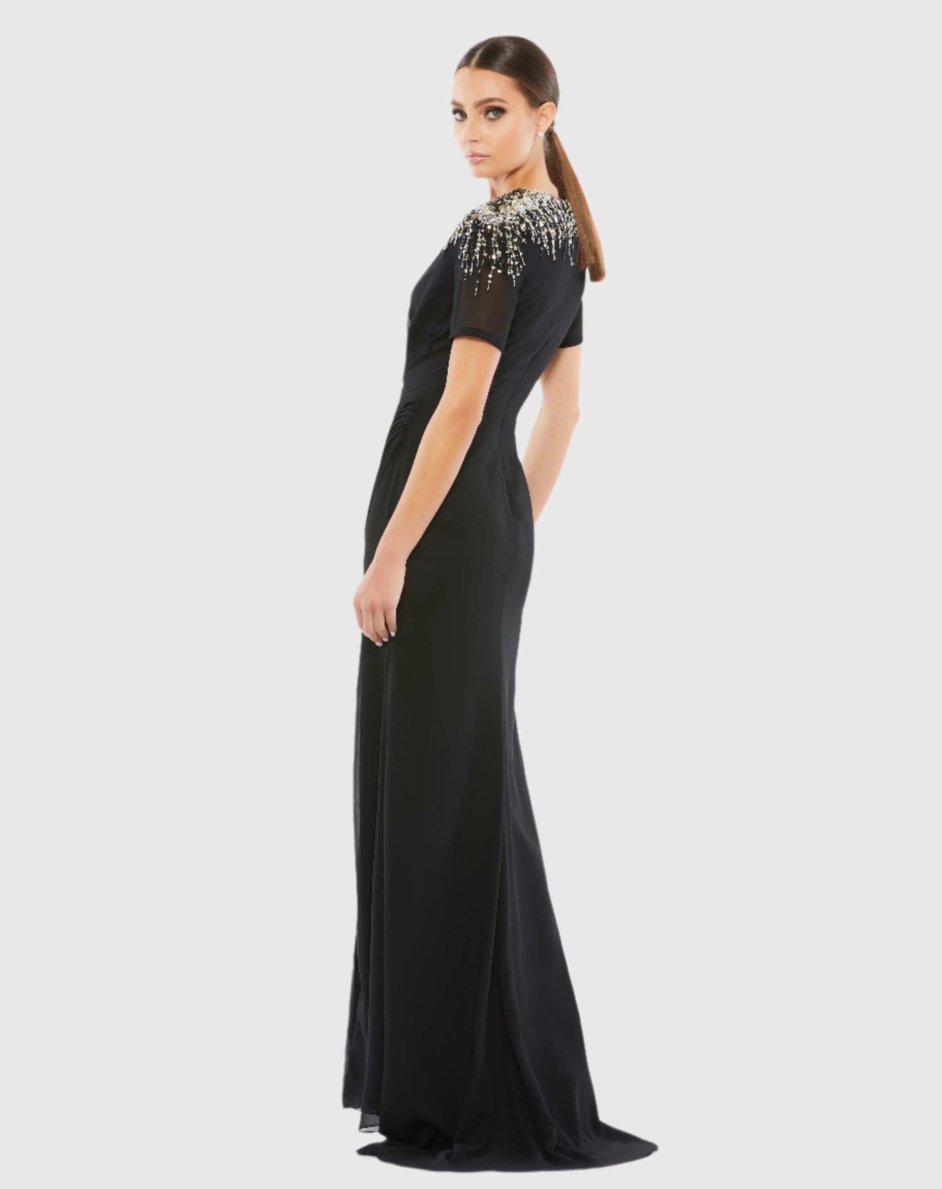Black Embellished Shoulder Evening Gown-Myartka