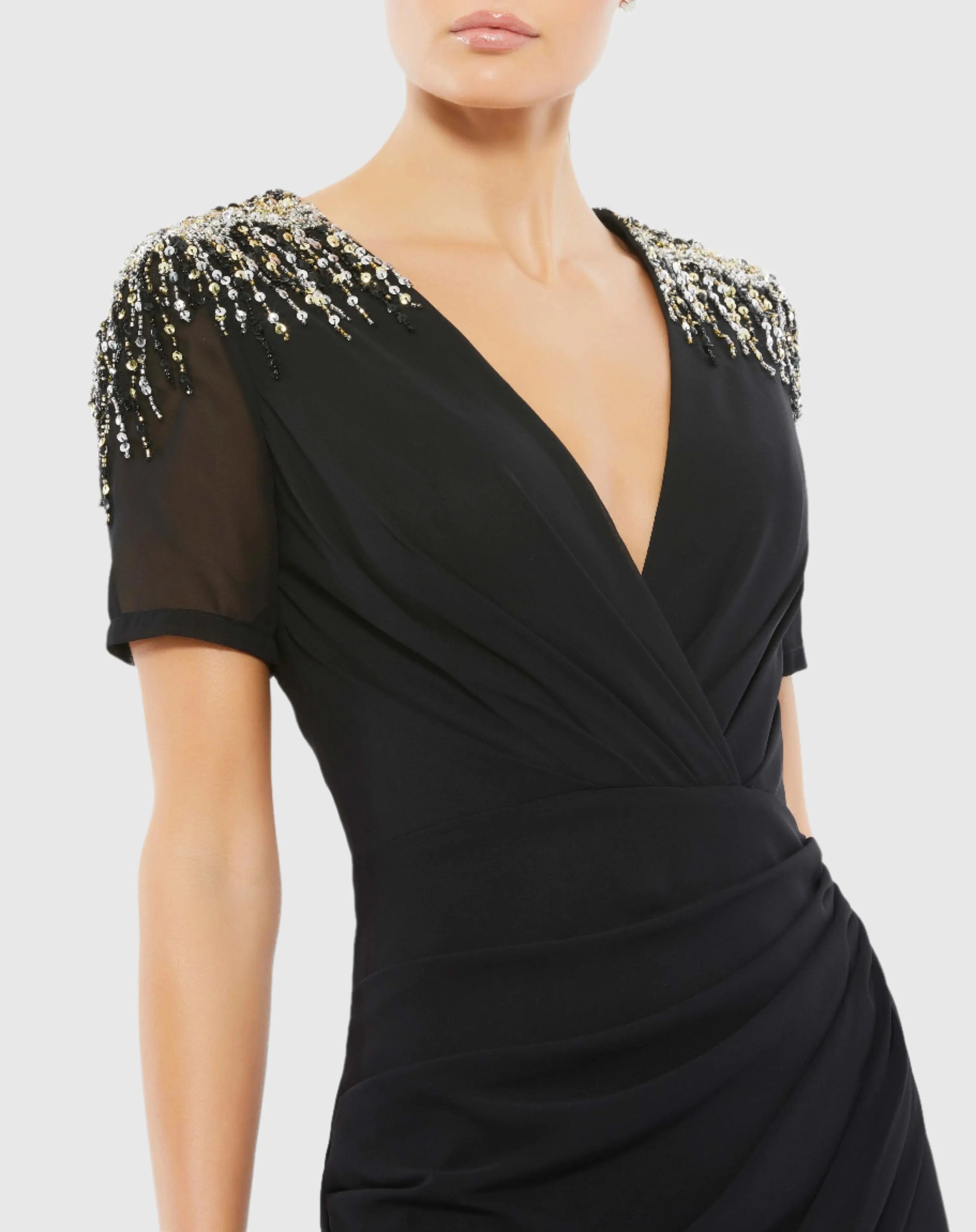 Black Embellished Shoulder Evening Gown-Myartka