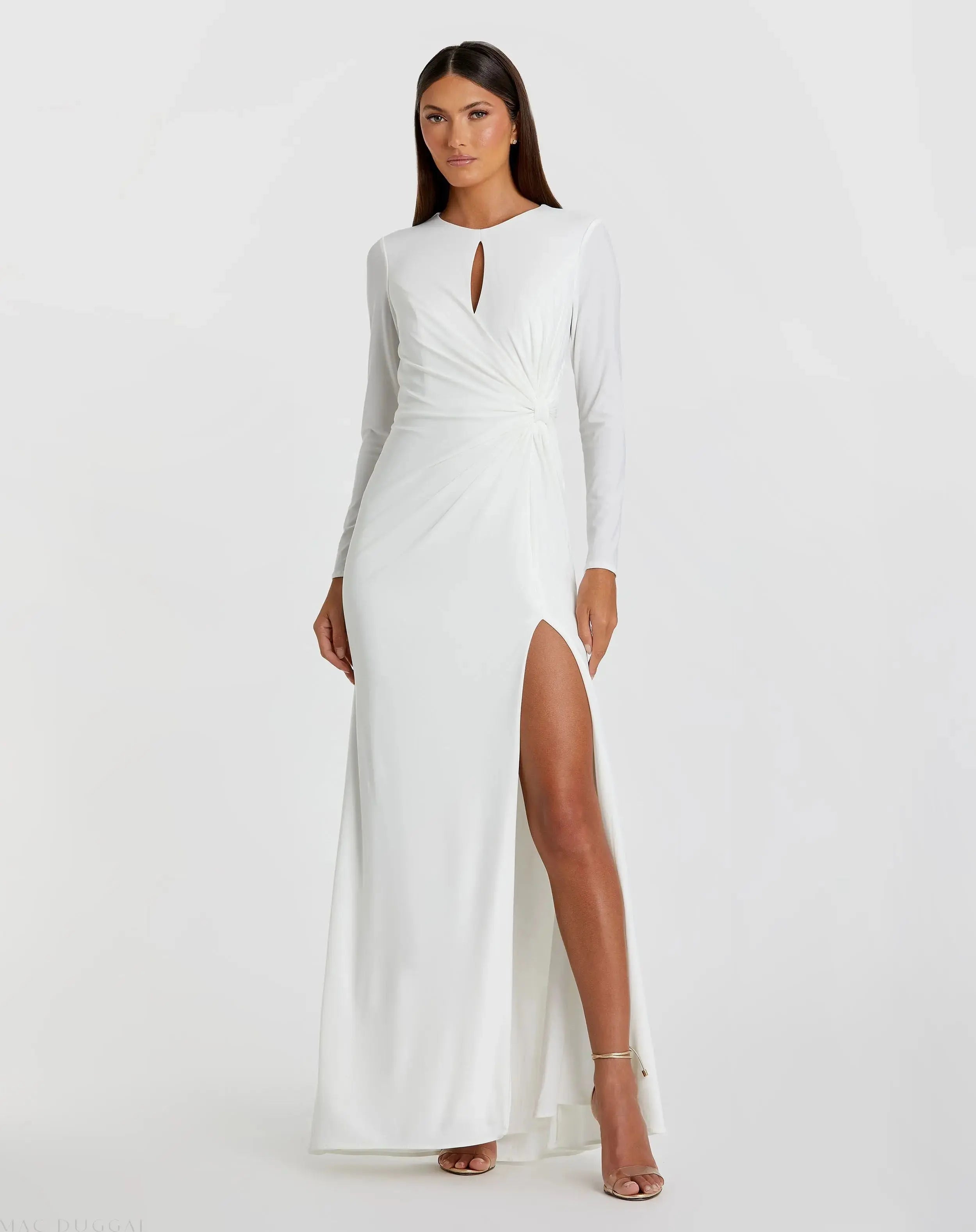 White Long Sleeve Keyhole Draped Gown-Myartka