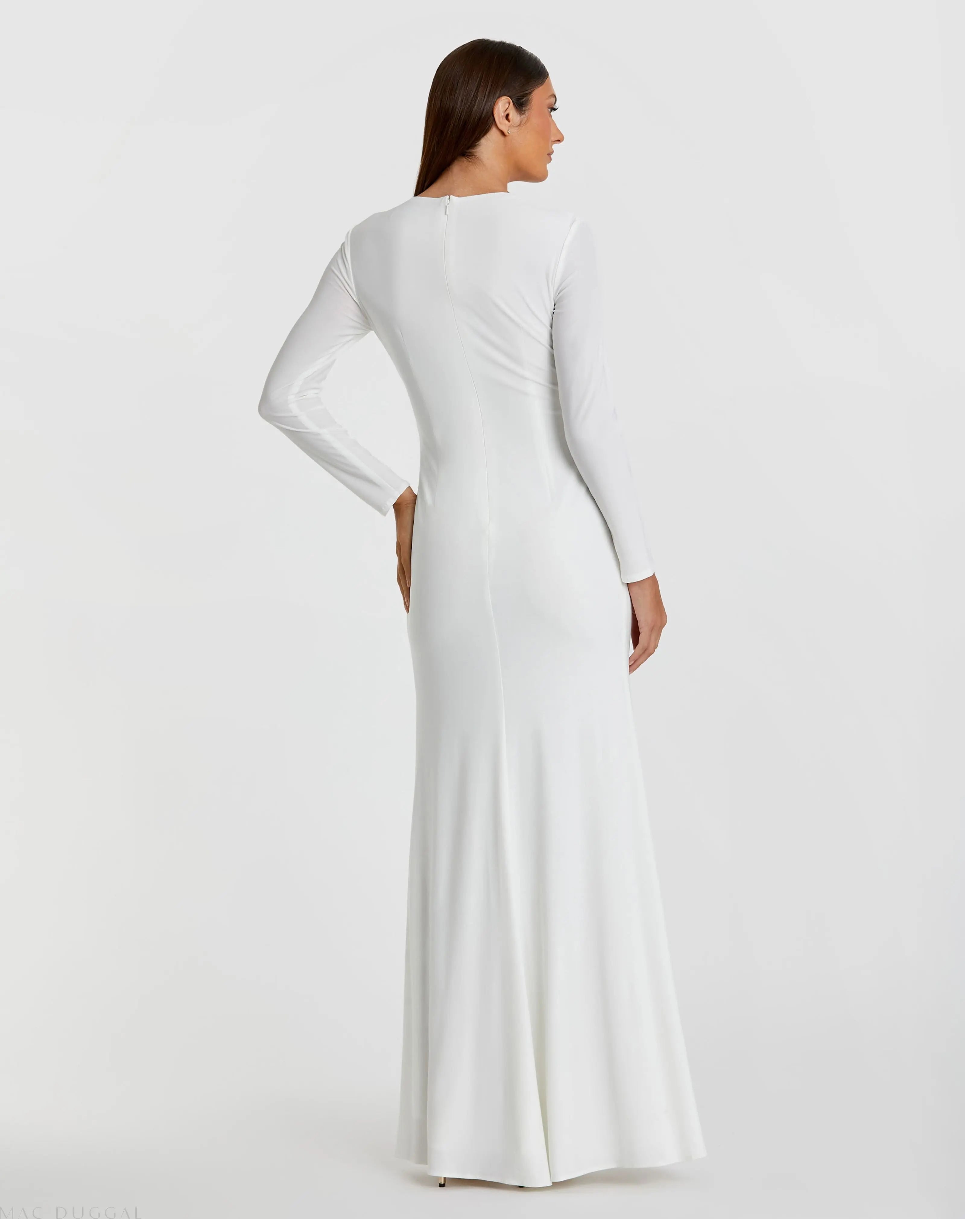 White Long Sleeve Keyhole Draped Gown-Myartka