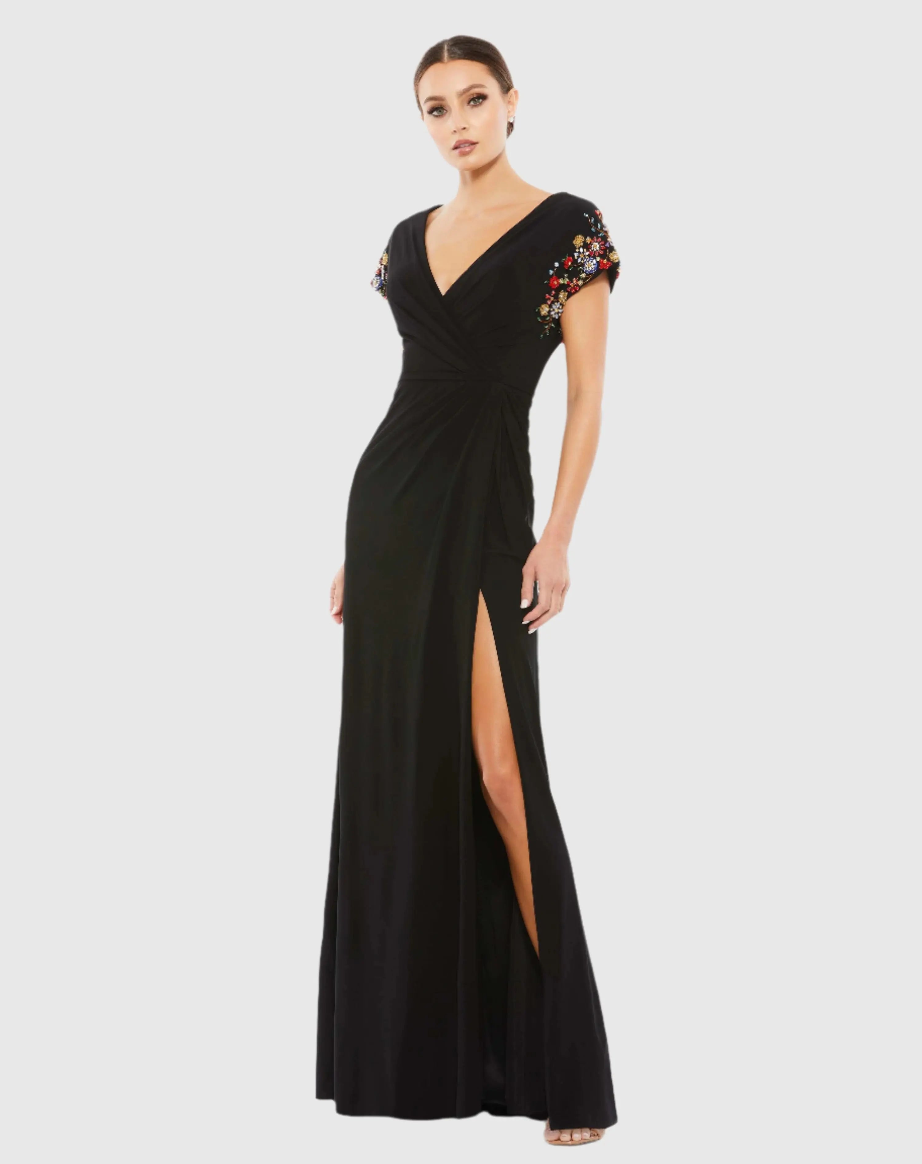 Black Embellished Sleeve Jersey Wrap Gown-Myartka