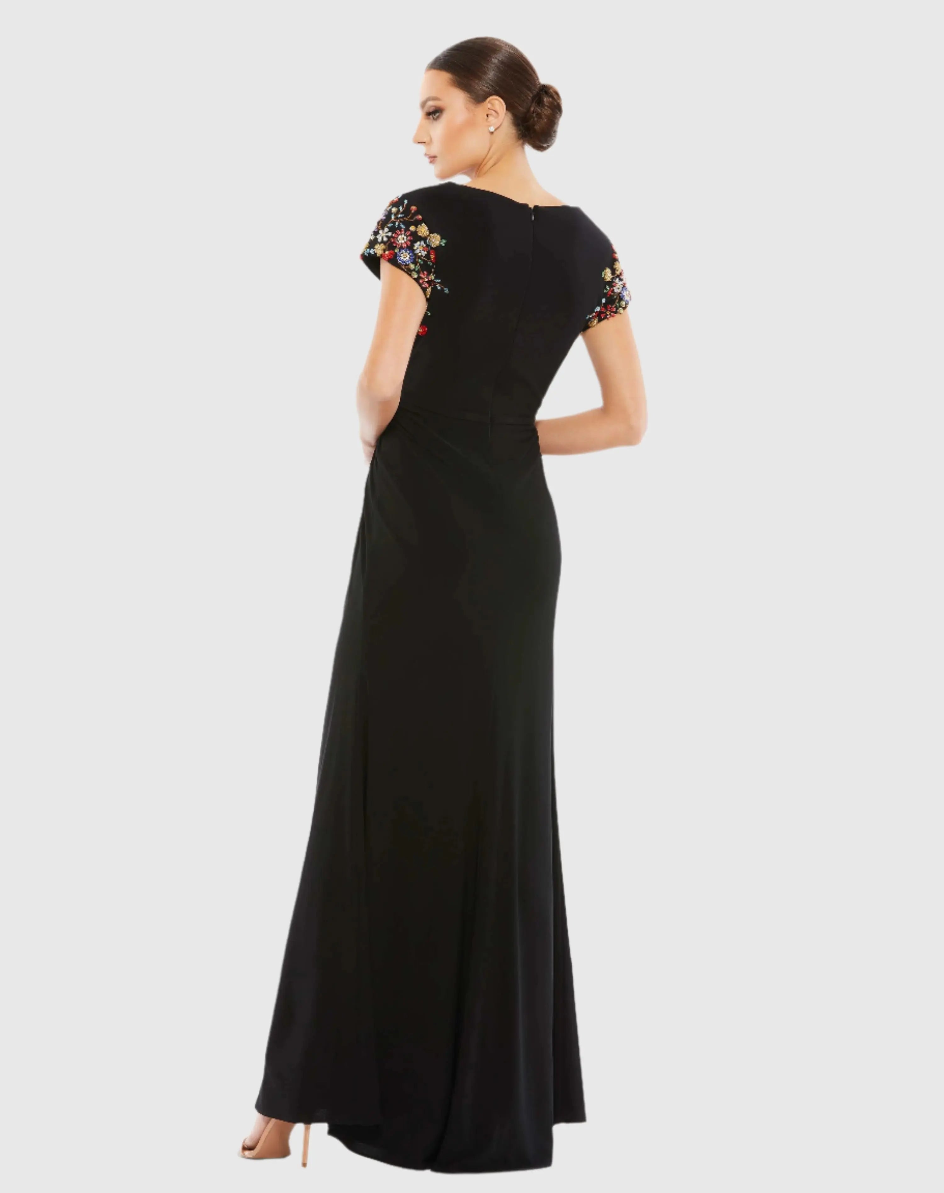Black Embellished Sleeve Jersey Wrap Gown-Myartka