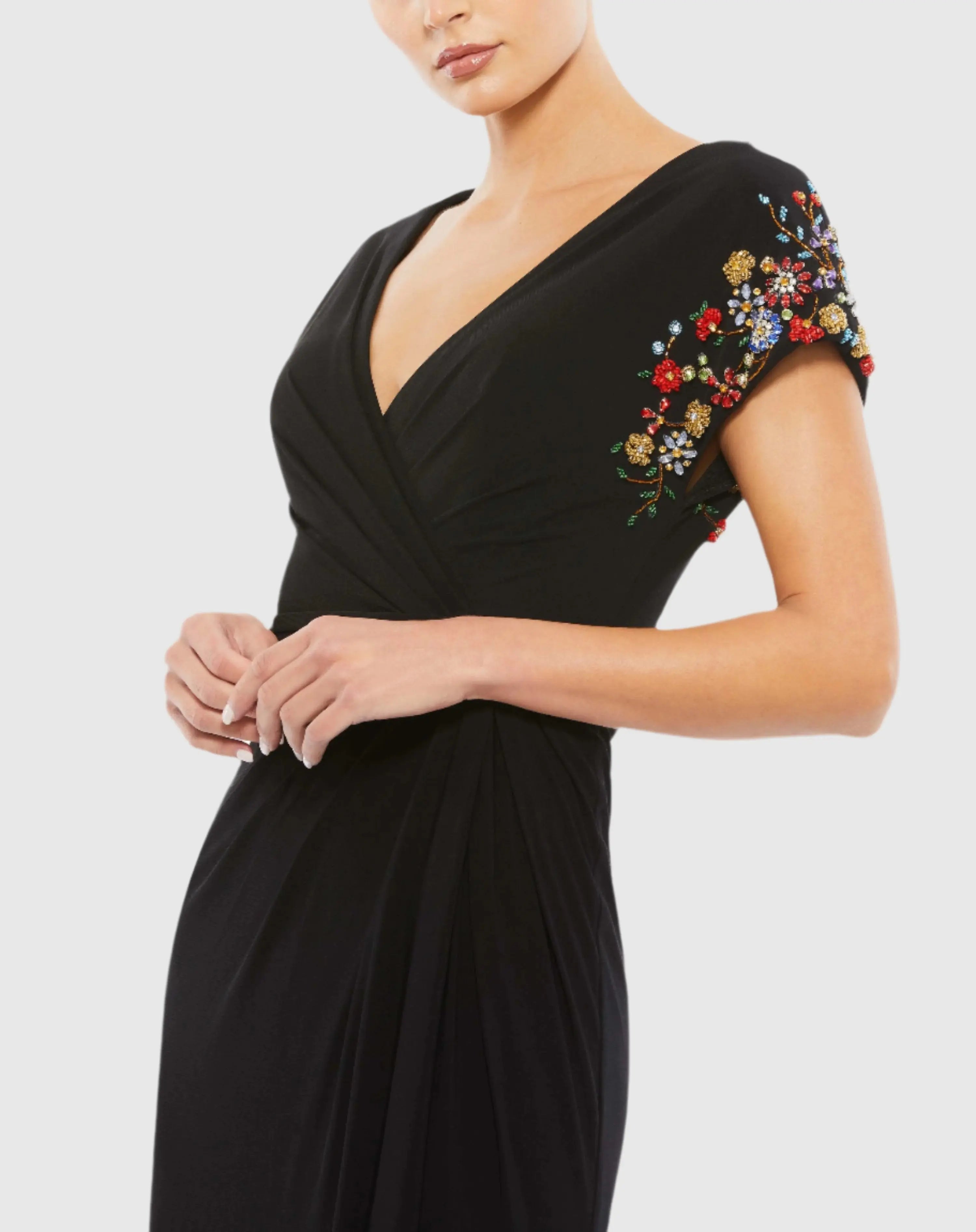 Black Embellished Sleeve Jersey Wrap Gown-Myartka