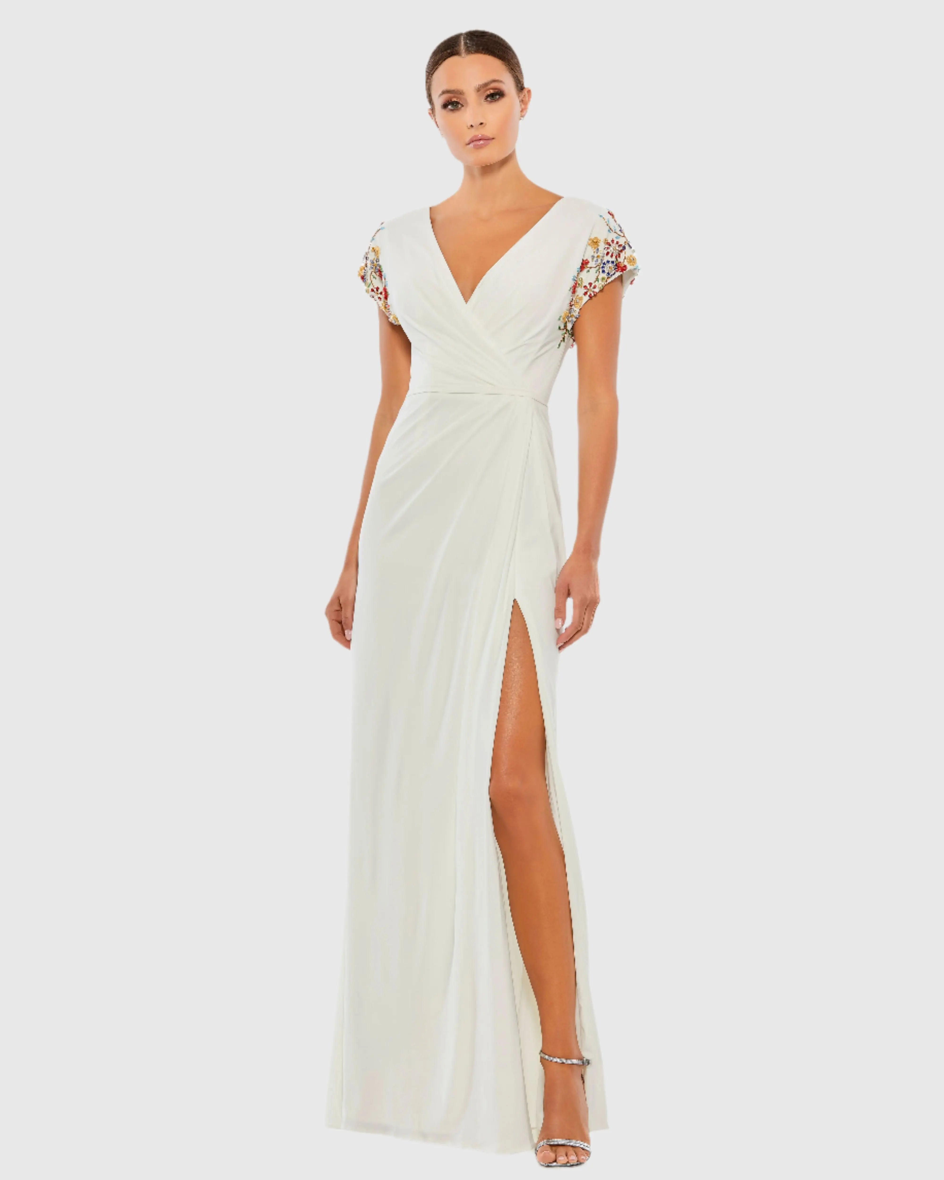 White Embellished Sleeve Jersey Wrap Gown - FINAL SALE-Myartka