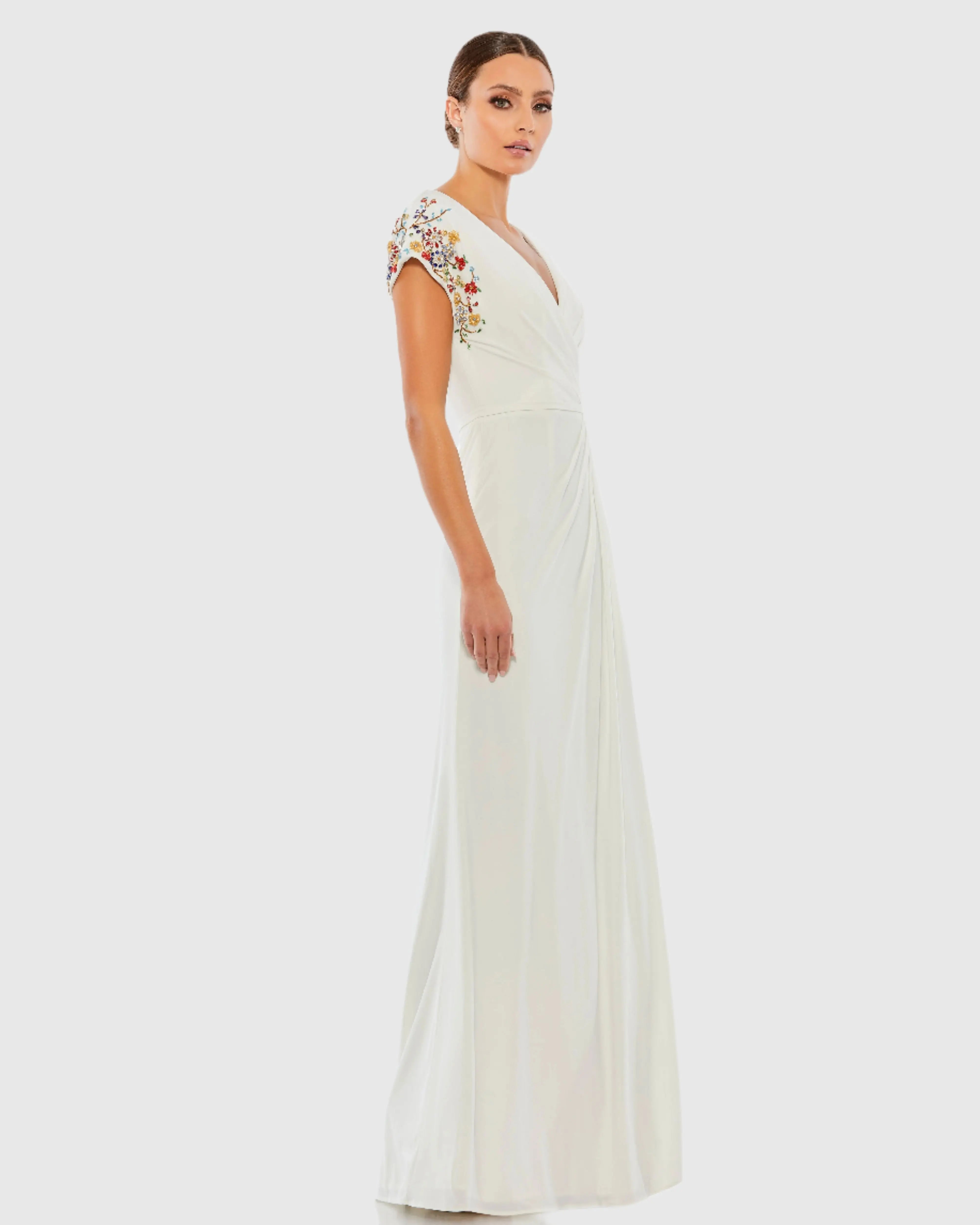 White Embellished Sleeve Jersey Wrap Gown - FINAL SALE-Myartka