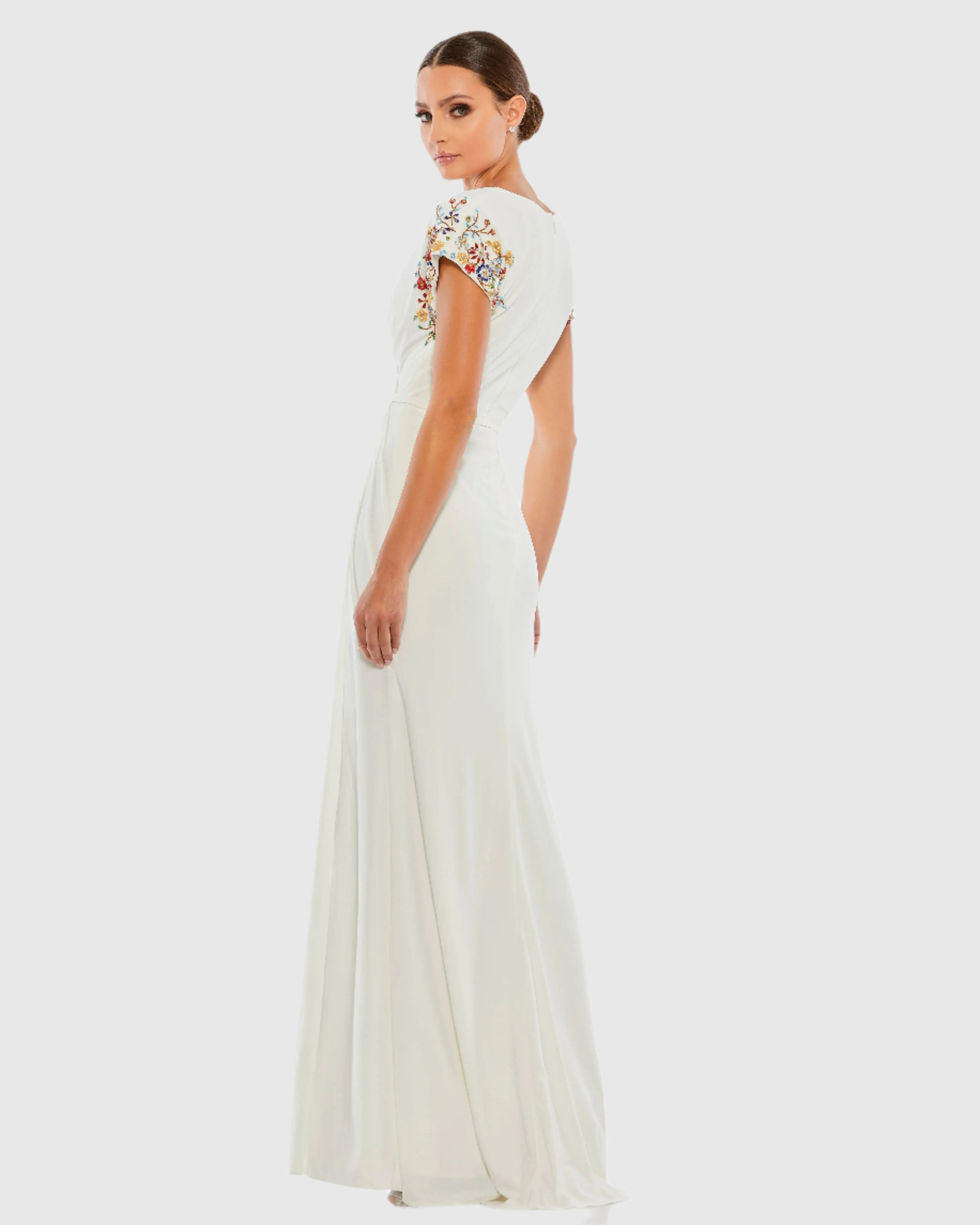White Embellished Sleeve Jersey Wrap Gown - FINAL SALE-Myartka