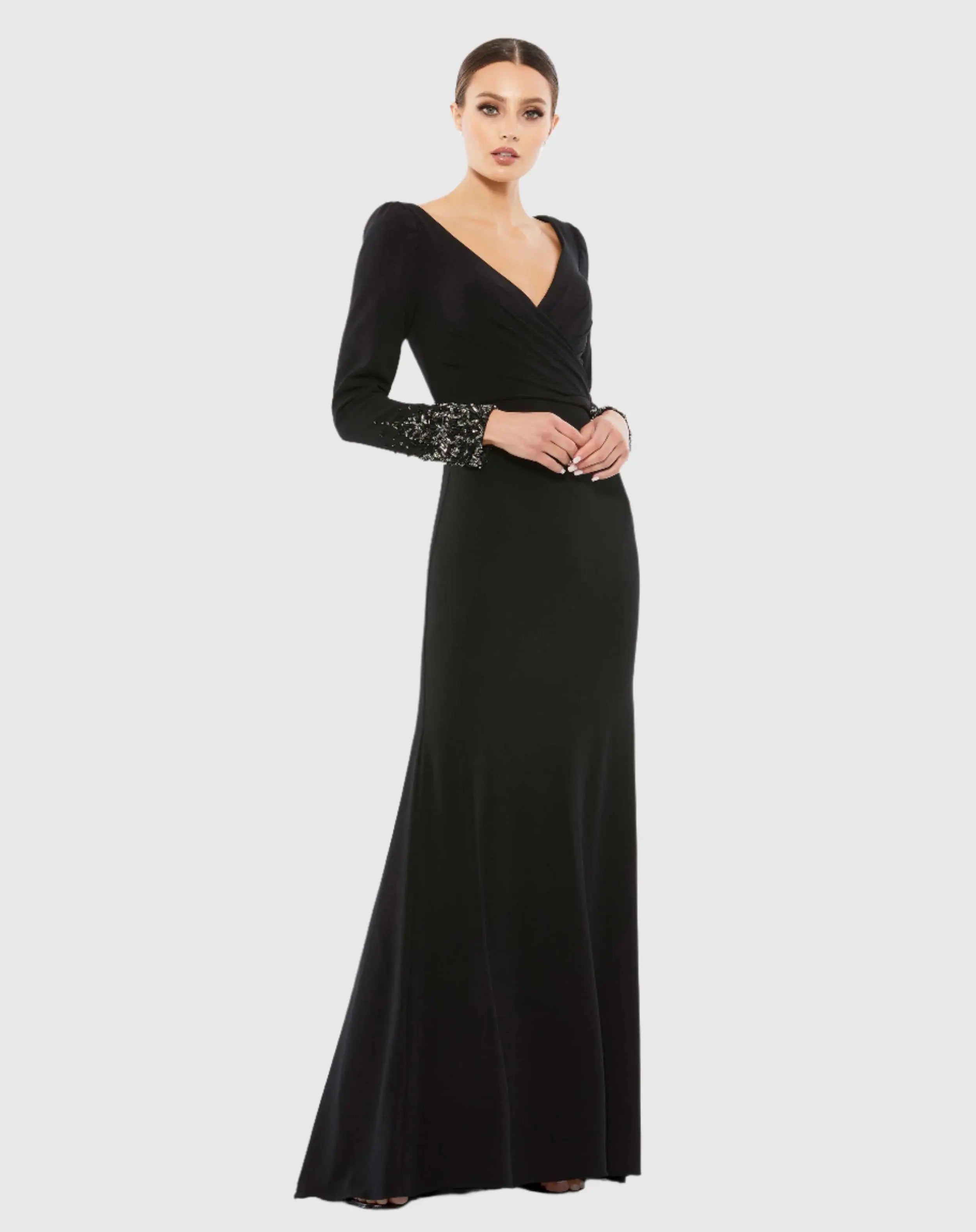Black Beaded Cuff Long Sleeve Wrap Over Trumpet Gown-Myartka