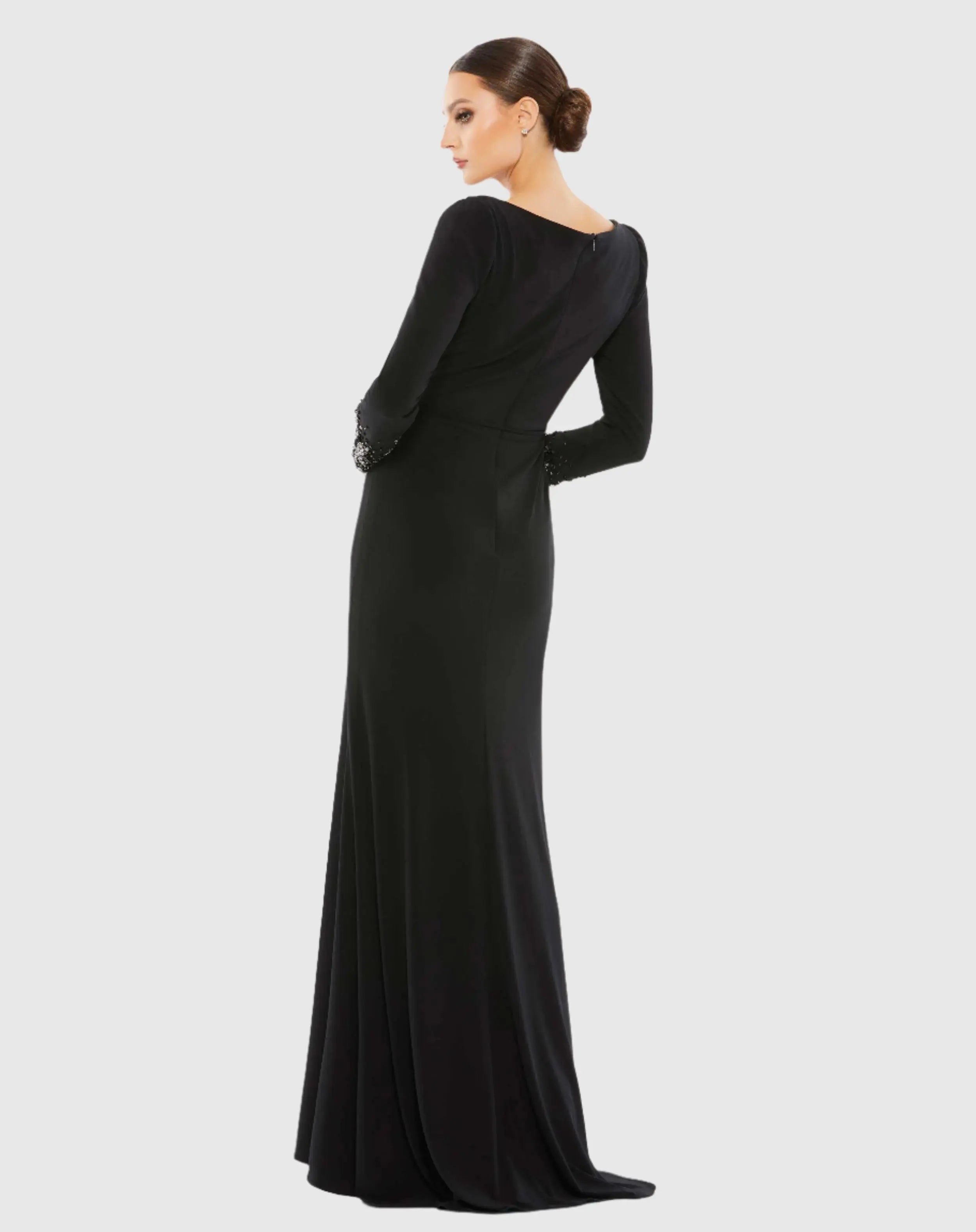 Black Beaded Cuff Long Sleeve Wrap Over Trumpet Gown-Myartka