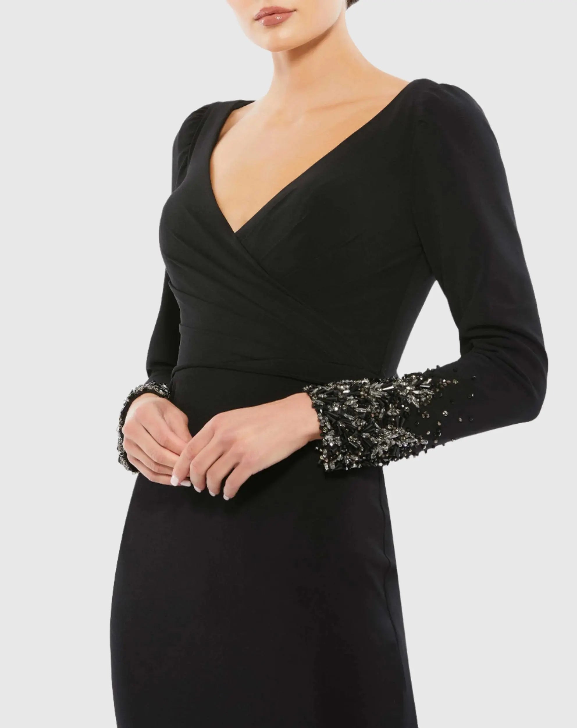 Black Beaded Cuff Long Sleeve Wrap Over Trumpet Gown-Myartka