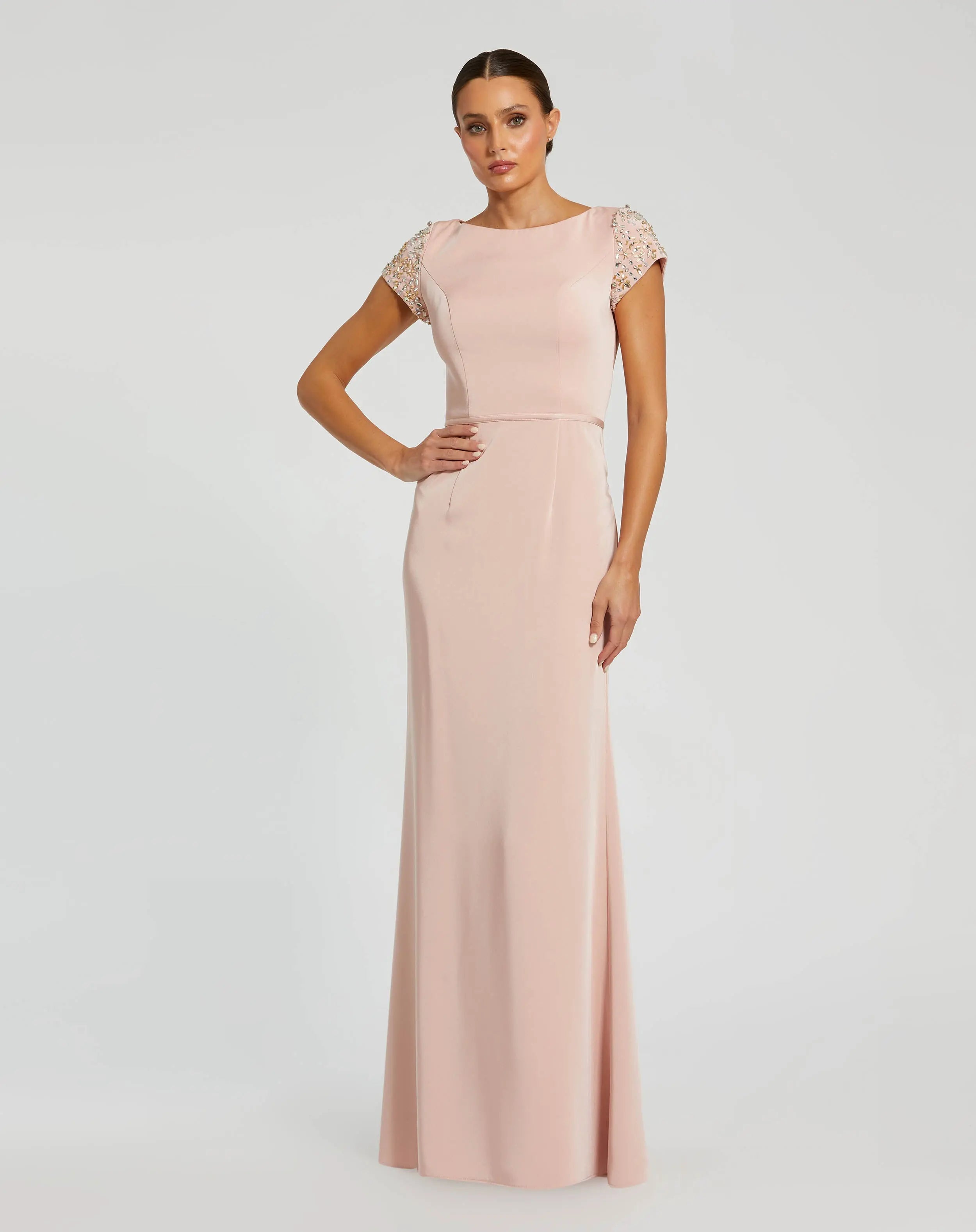Light Pink Beaded Cap Sleeve Satin Column Gown-Myartka