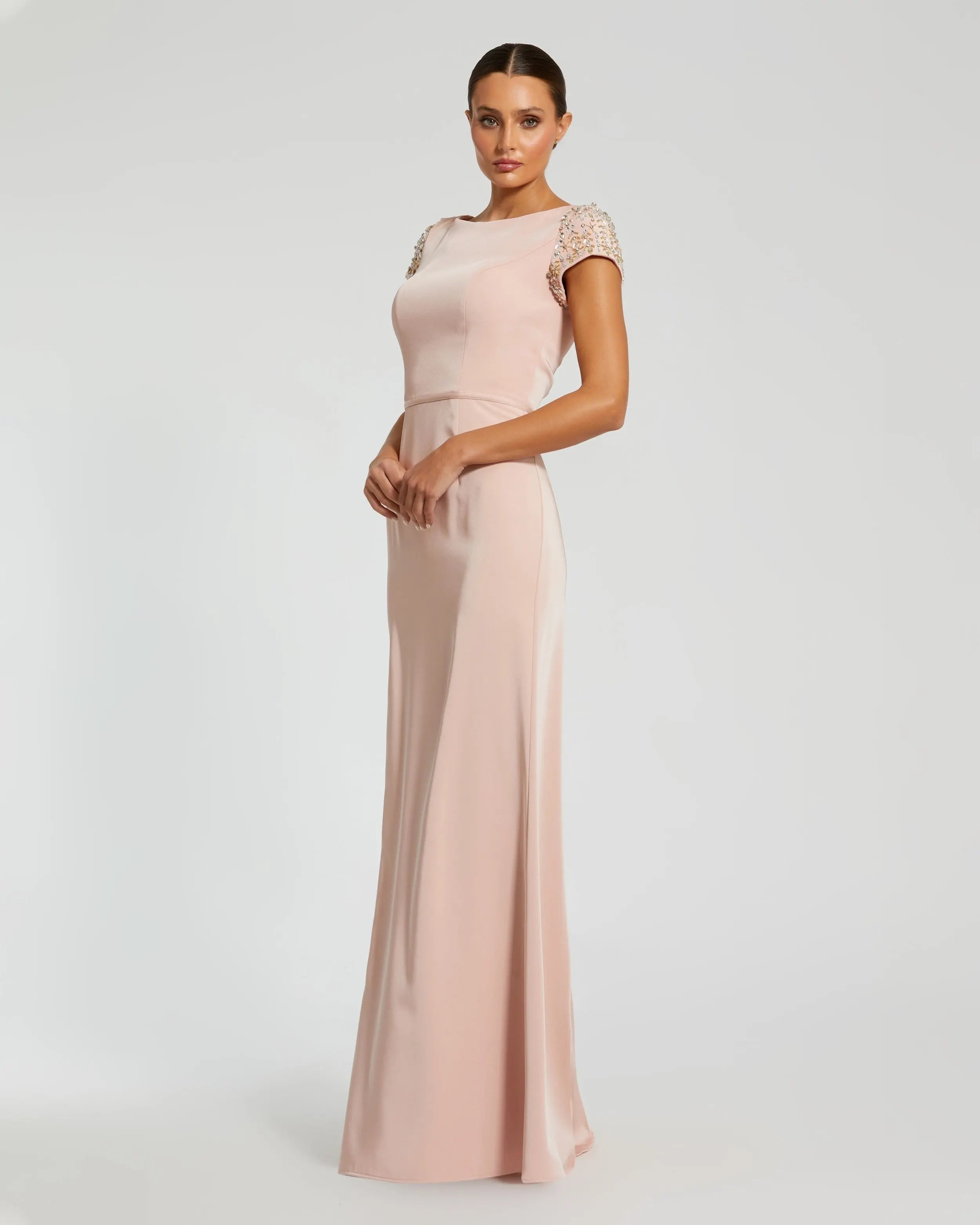 Light Pink Beaded Cap Sleeve Satin Column Gown-Myartka