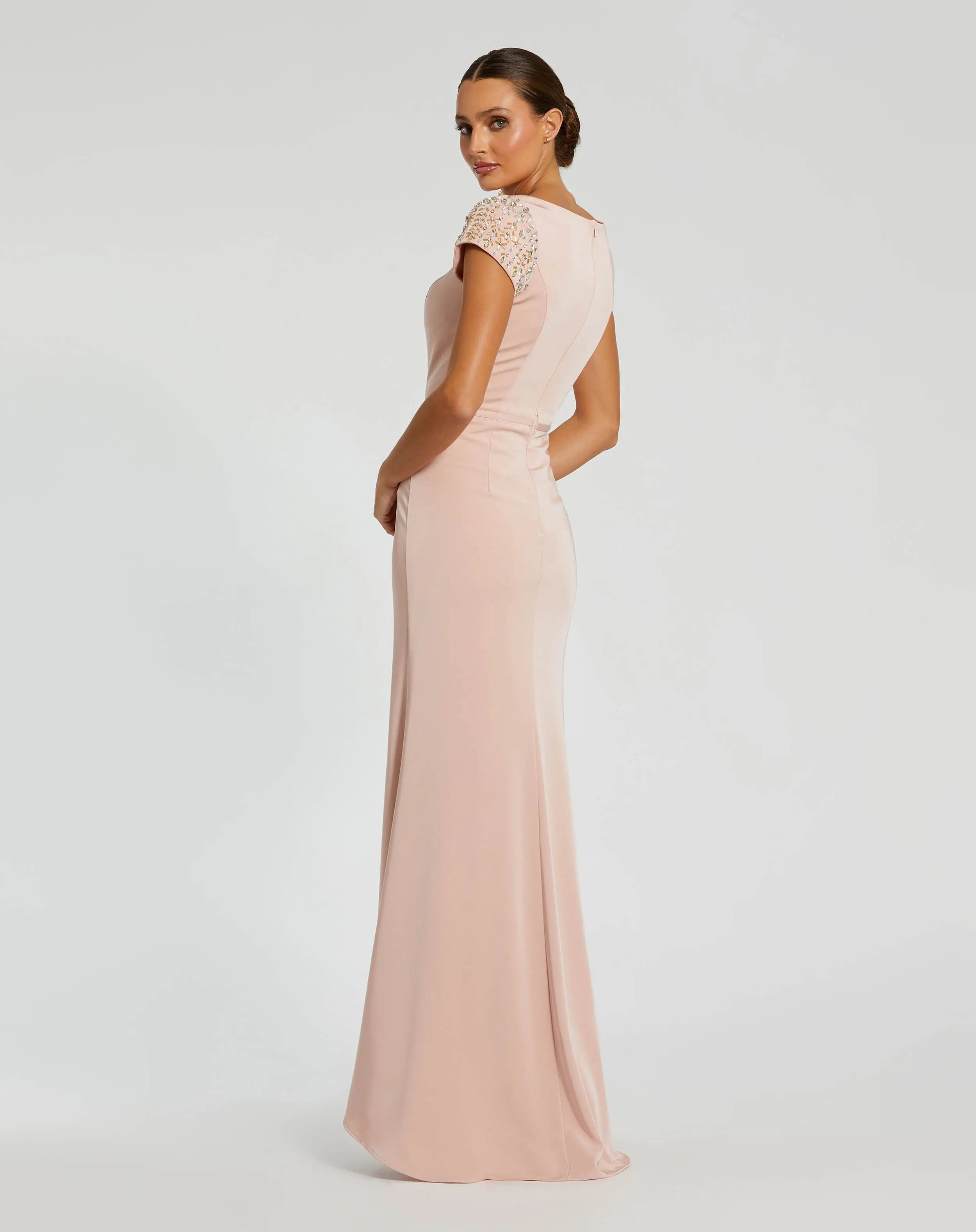 Light Pink Beaded Cap Sleeve Satin Column Gown-Myartka