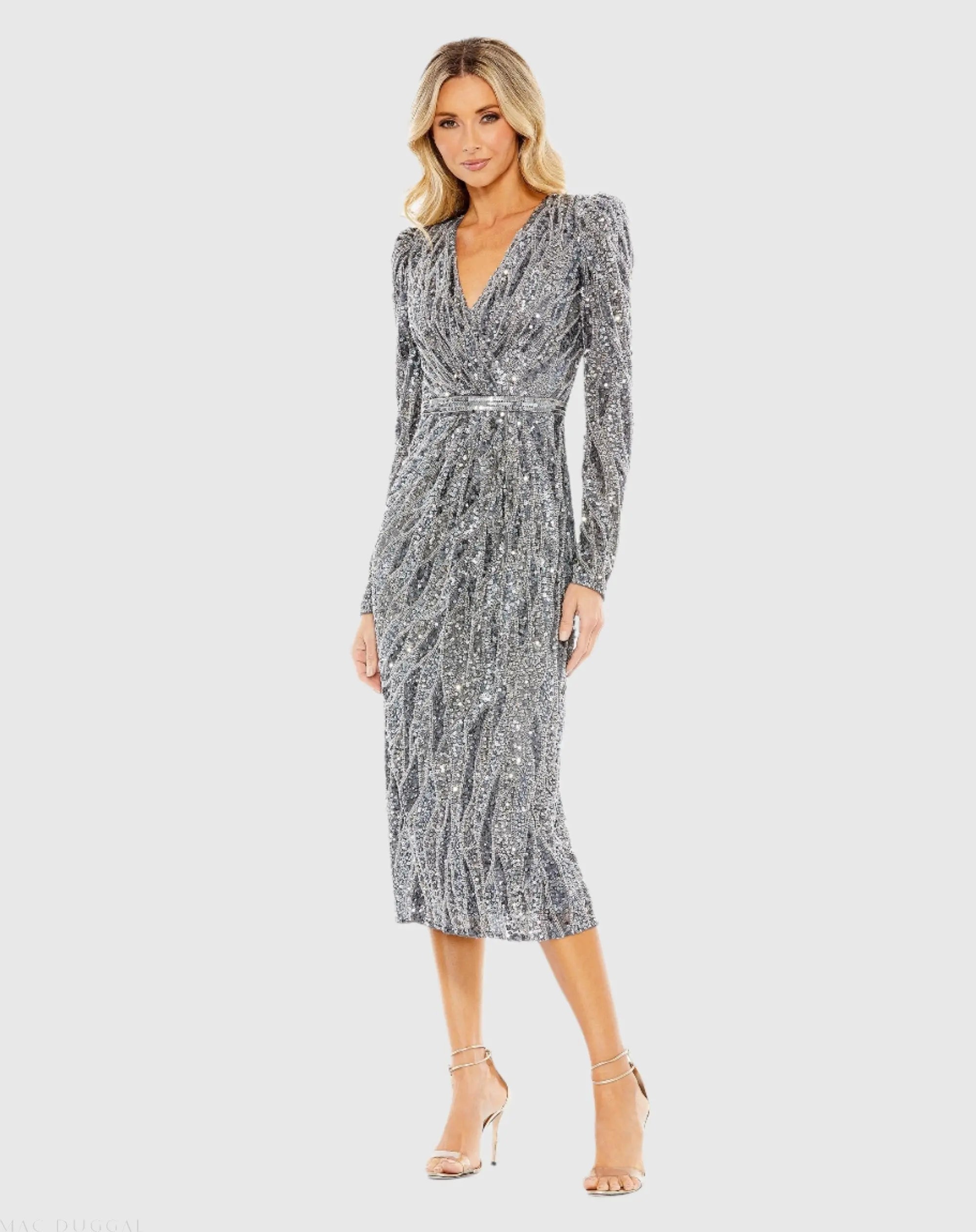 Silver Long Sleeve V Neck Beaded Cocktail Dress-Myartka