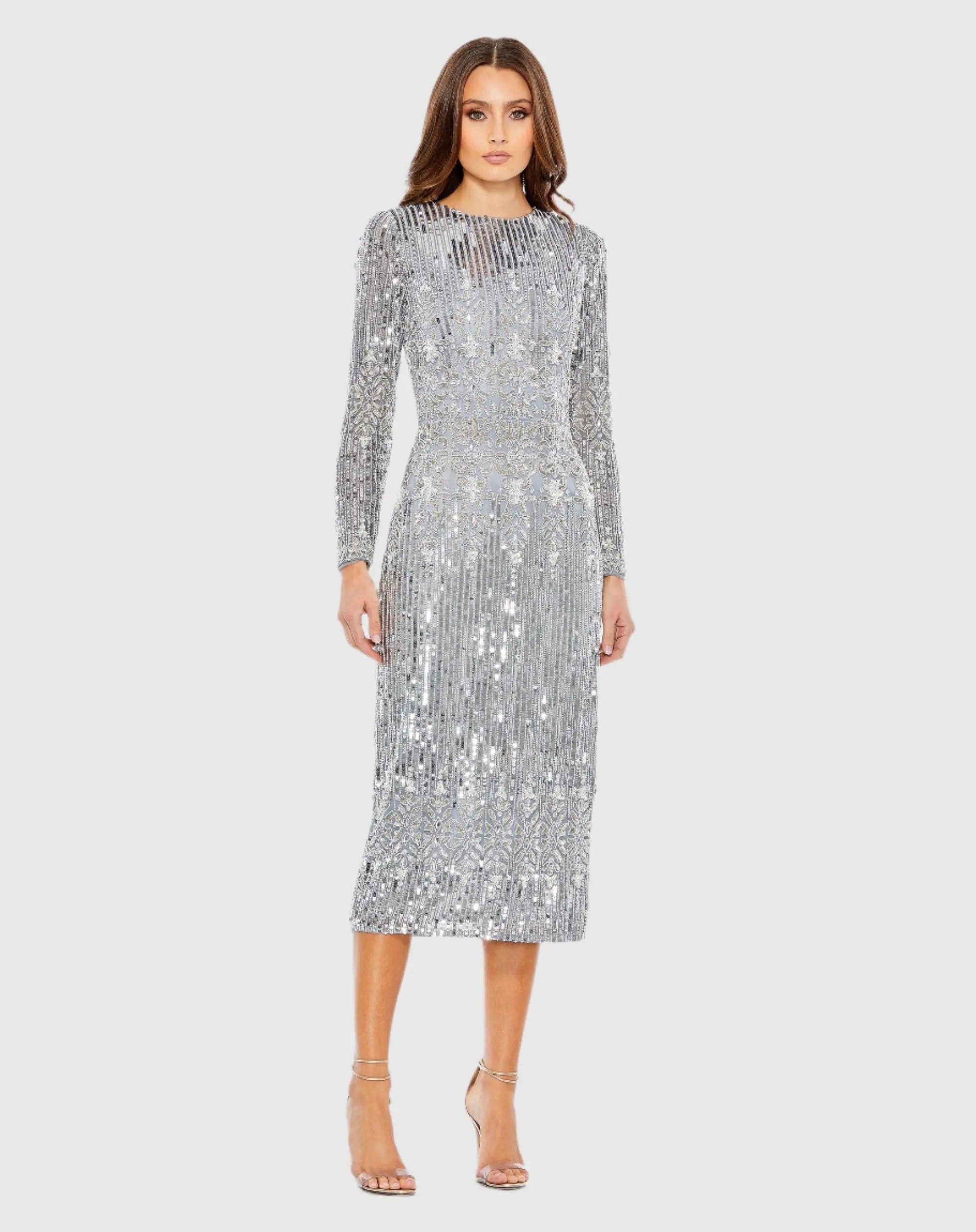 Embellished Long Sleeve High Neck Sheath Dress-Myartka