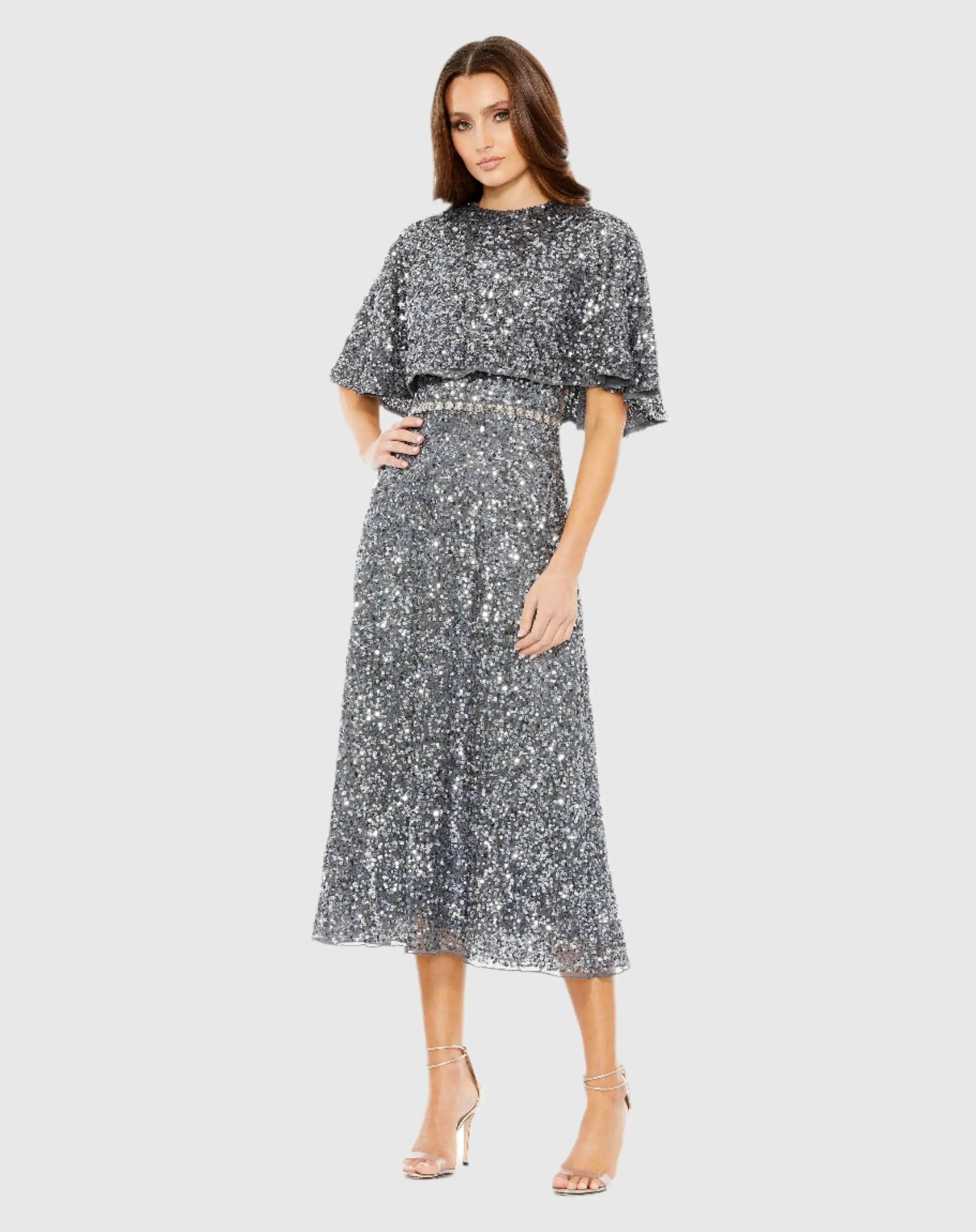 Gray Embellished Cape High Neck Midi Dress-Myartka