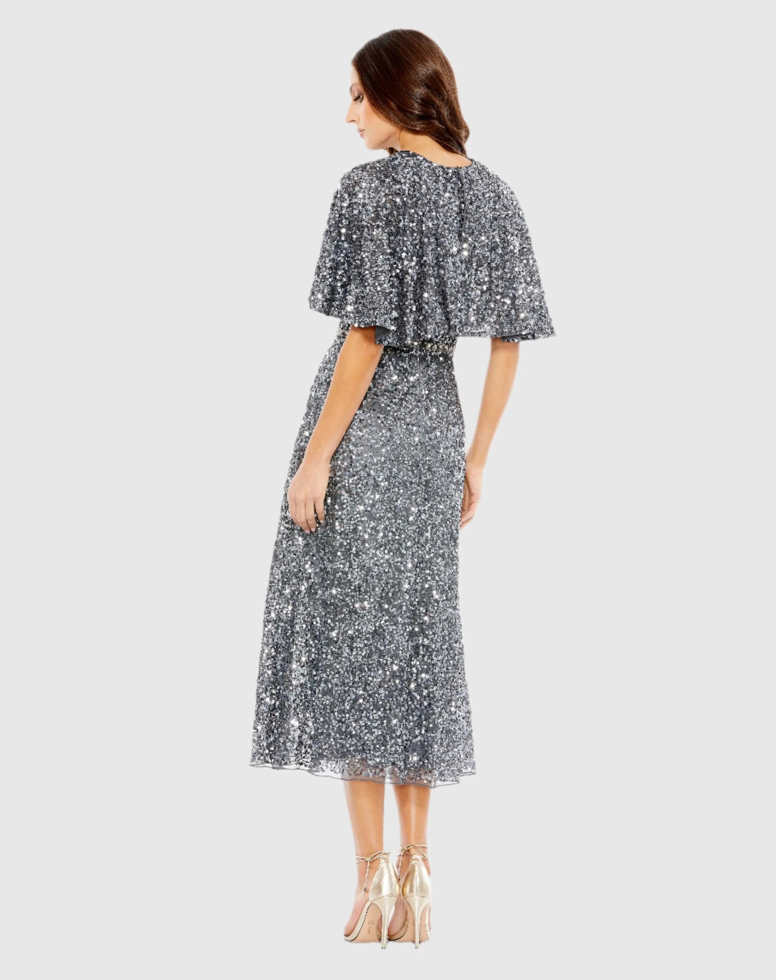 Gray Embellished Cape High Neck Midi Dress-Myartka
