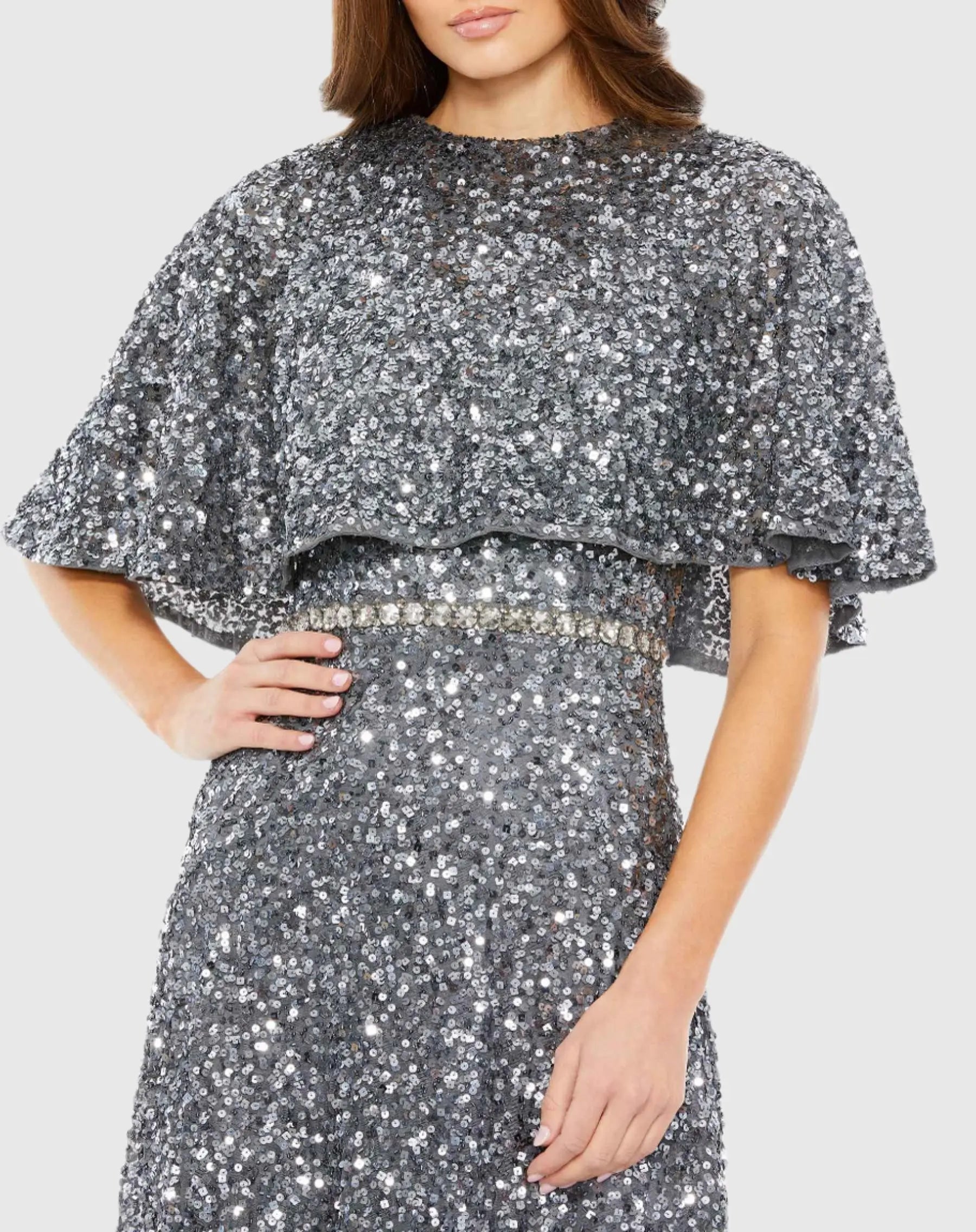 Gray Embellished Cape High Neck Midi Dress-Myartka