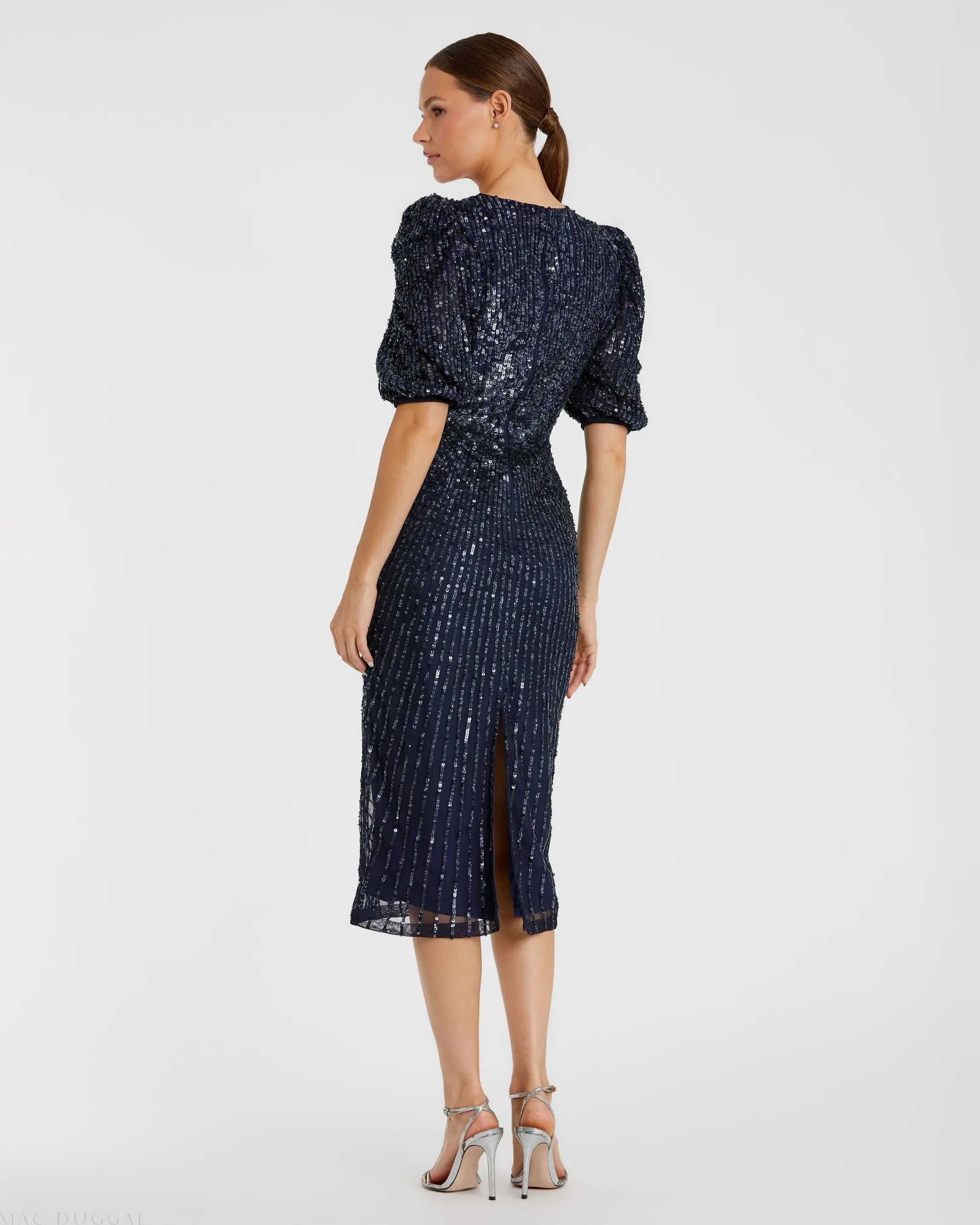 Navy Sequined V-Neck Short Puff Sleeve Midi Dress - FINAL SALE-Myartka