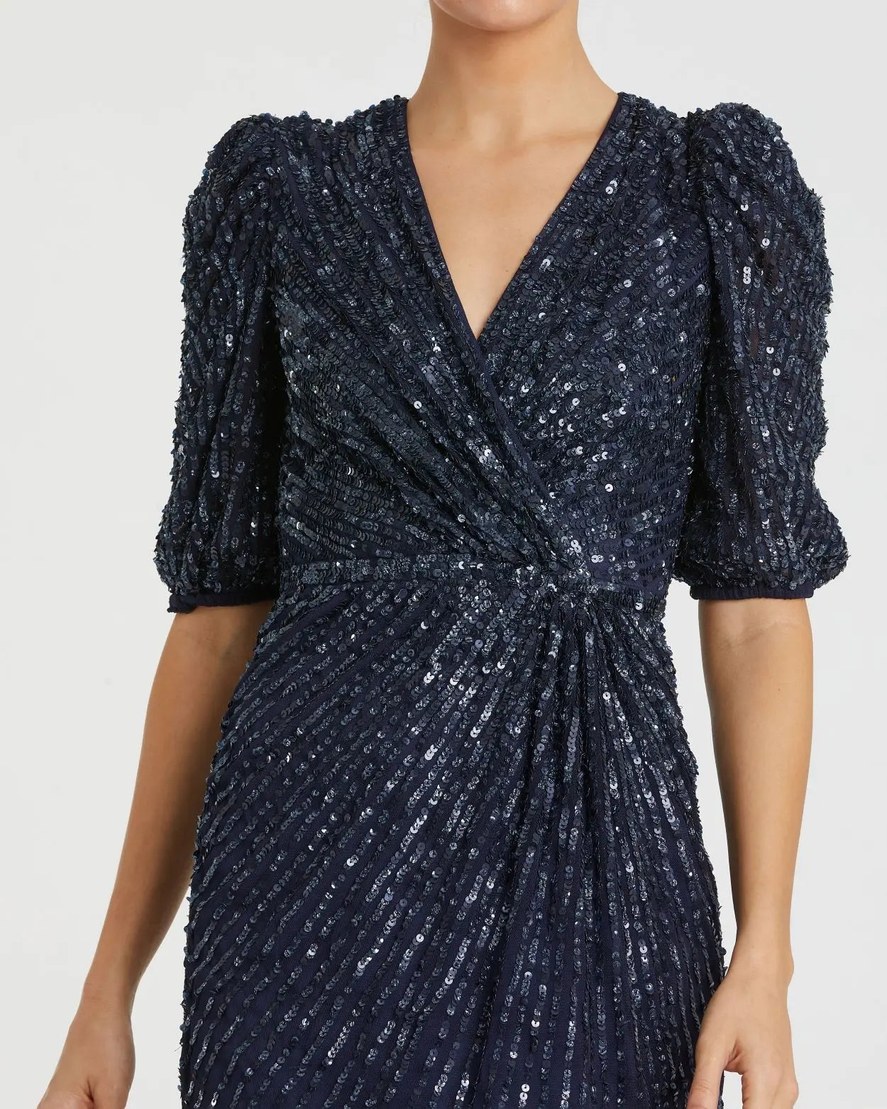 Navy Sequined V-Neck Short Puff Sleeve Midi Dress - FINAL SALE-Myartka