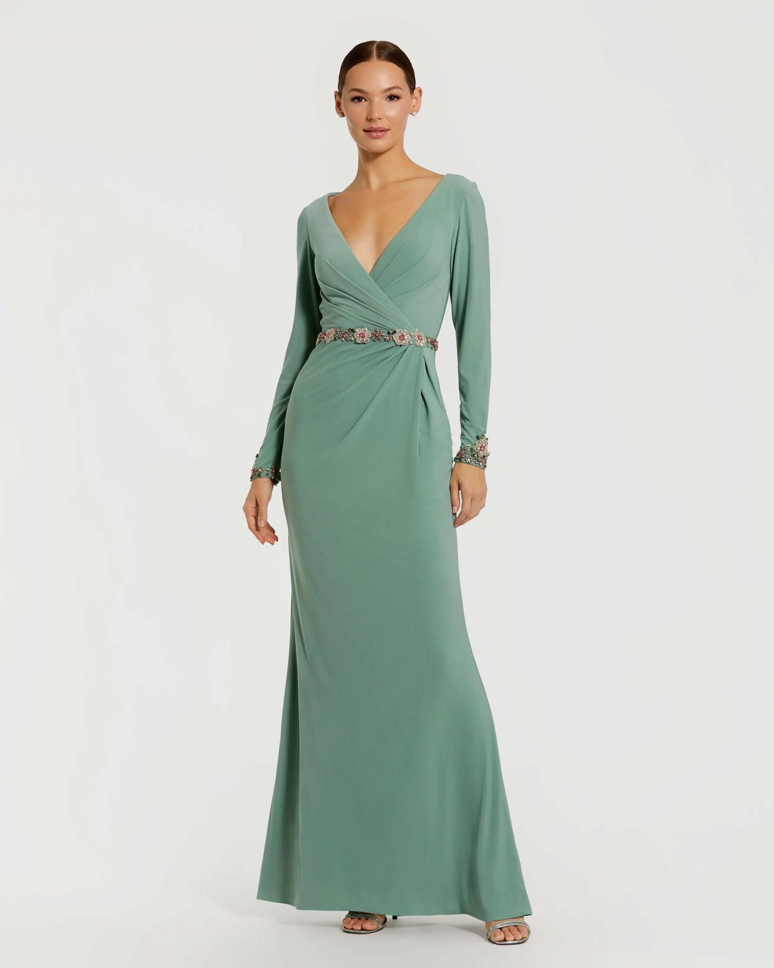 Green Jersey Long Sleeve V Neck Gown With Beaded Belt-Myartka