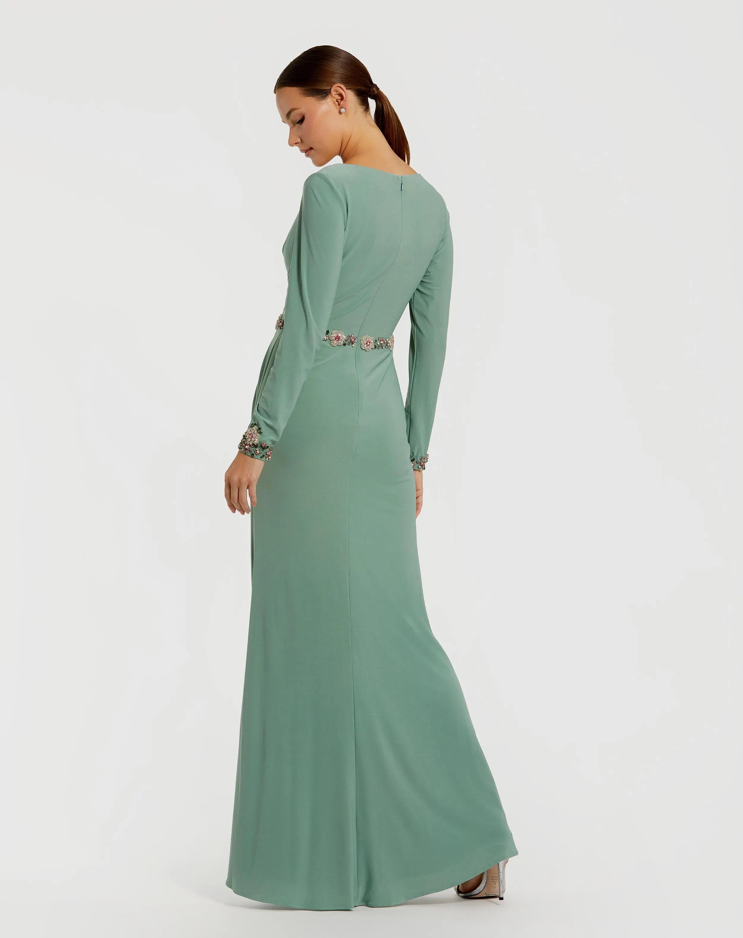 Green Jersey Long Sleeve V Neck Gown With Beaded Belt-Myartka