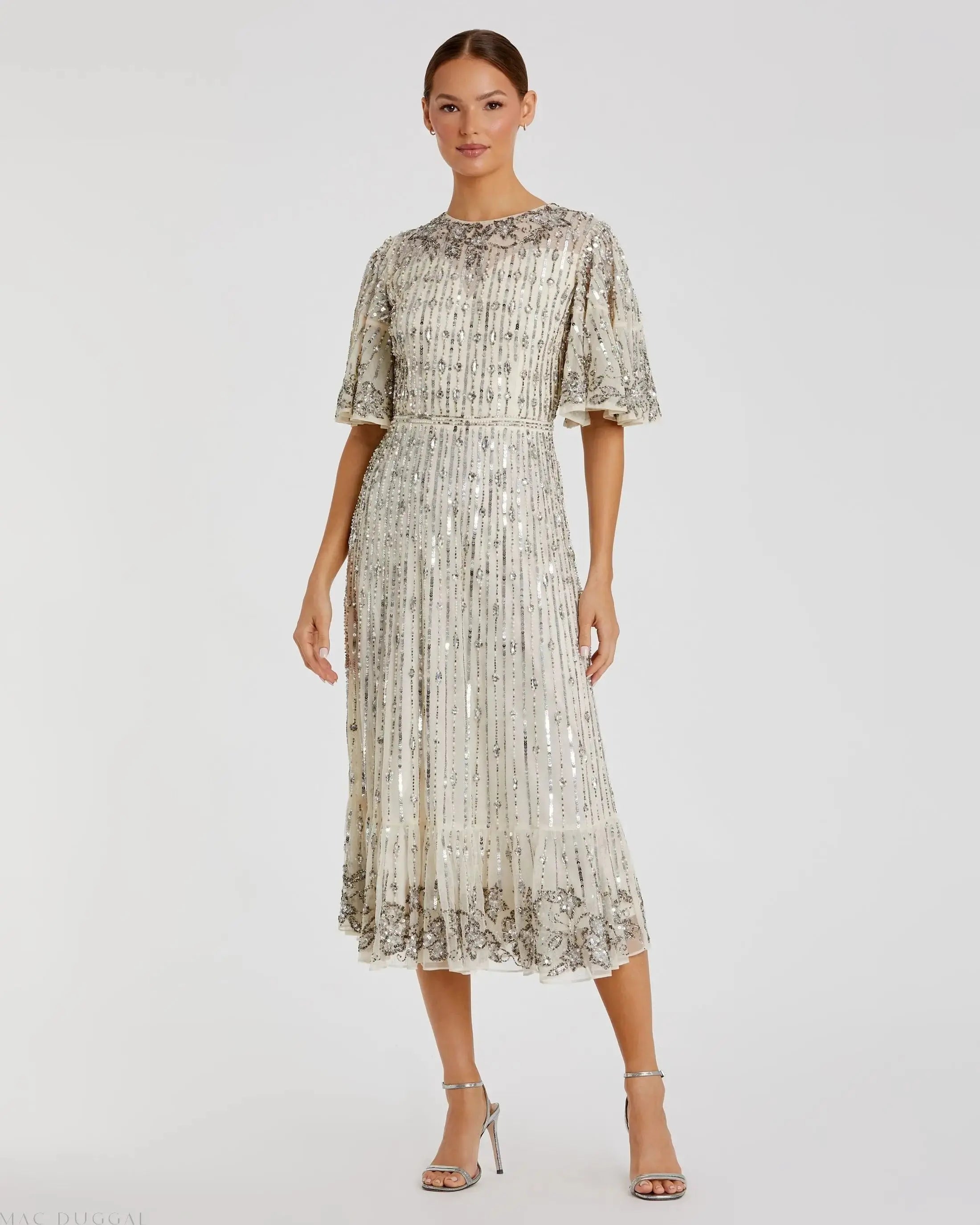 Silver Flounce Sleeve Midi Dress - FINAL SALE-Myartka
