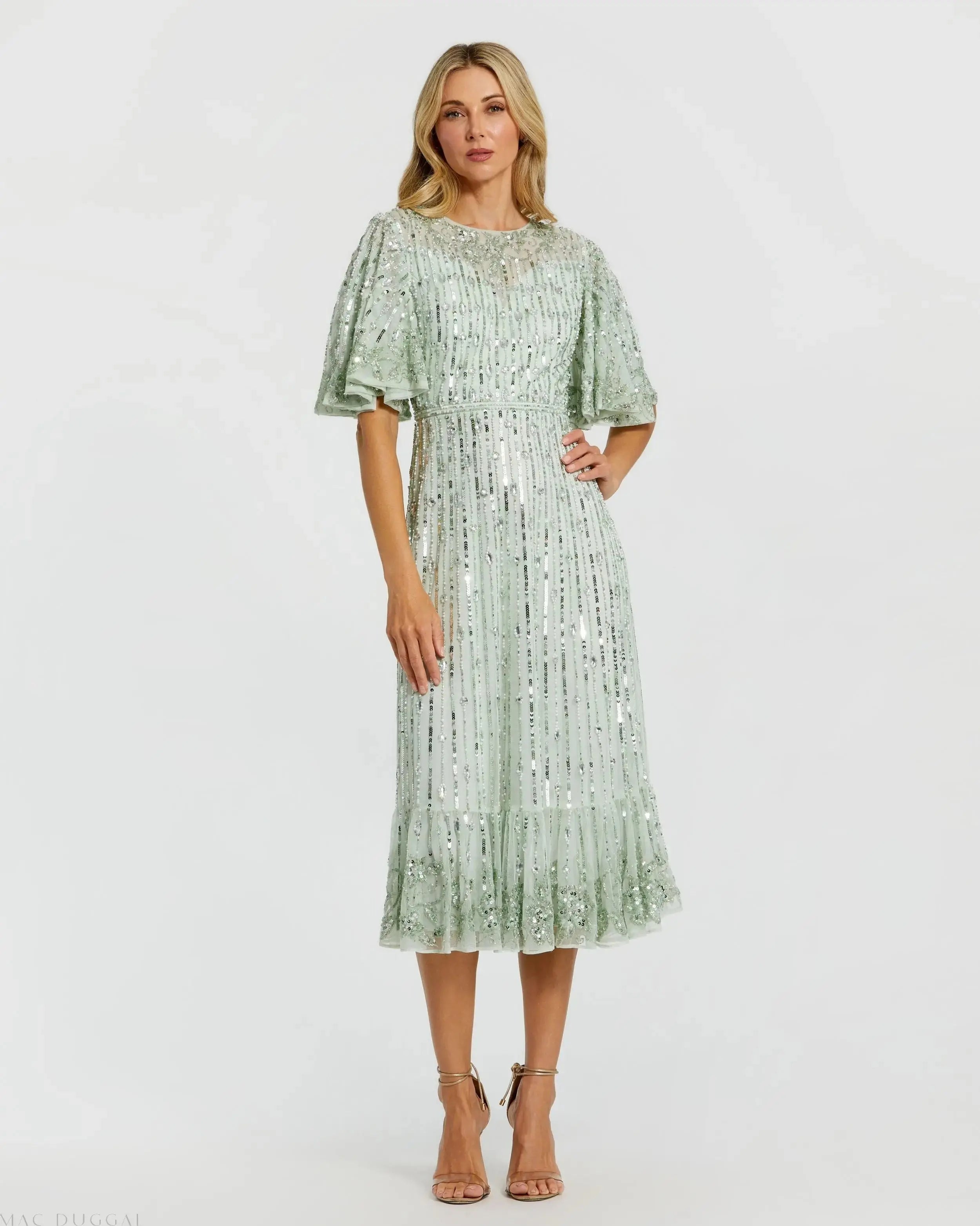Green Flounce Sleeve Midi Dress-Myartka