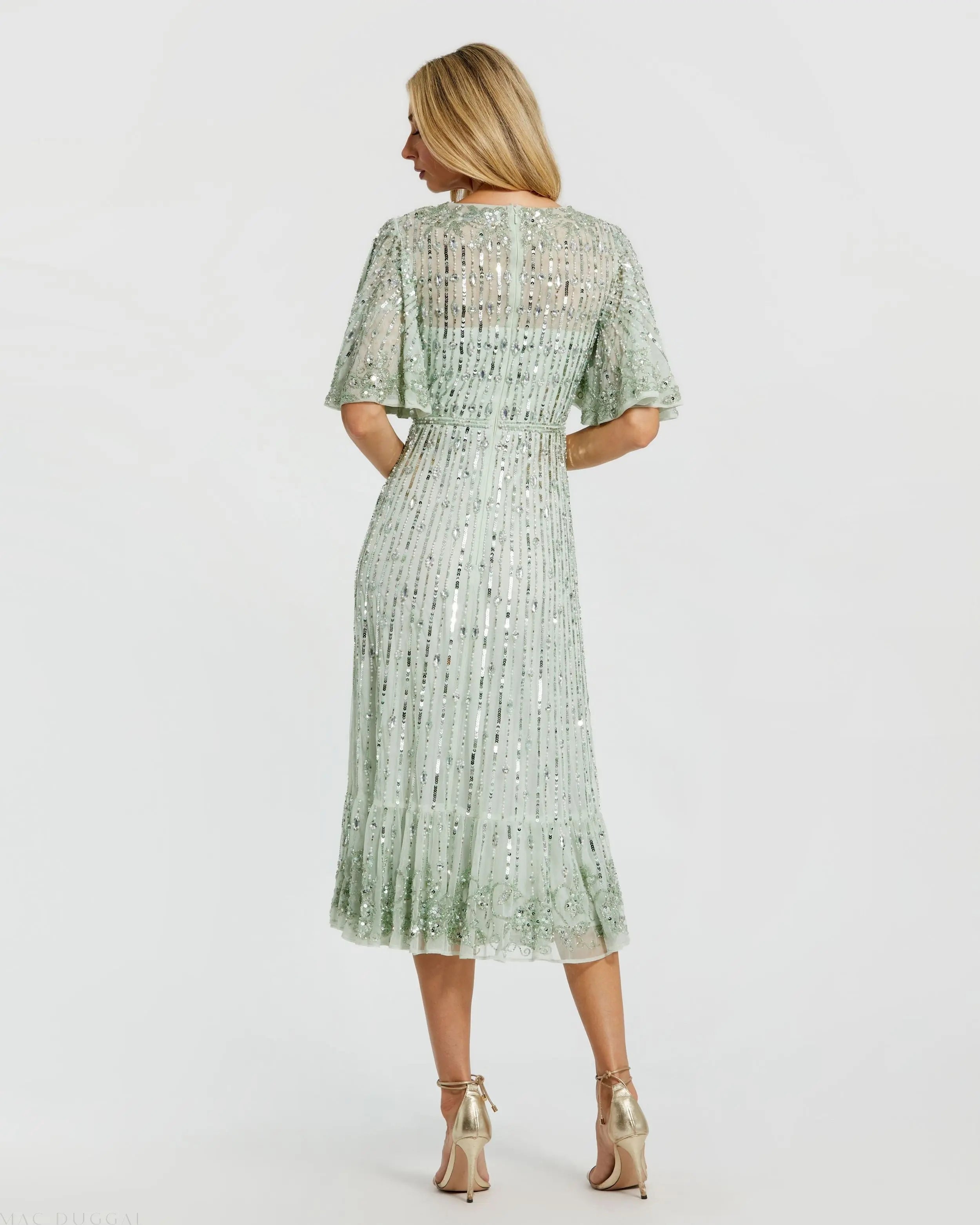 Green Flounce Sleeve Midi Dress-Myartka