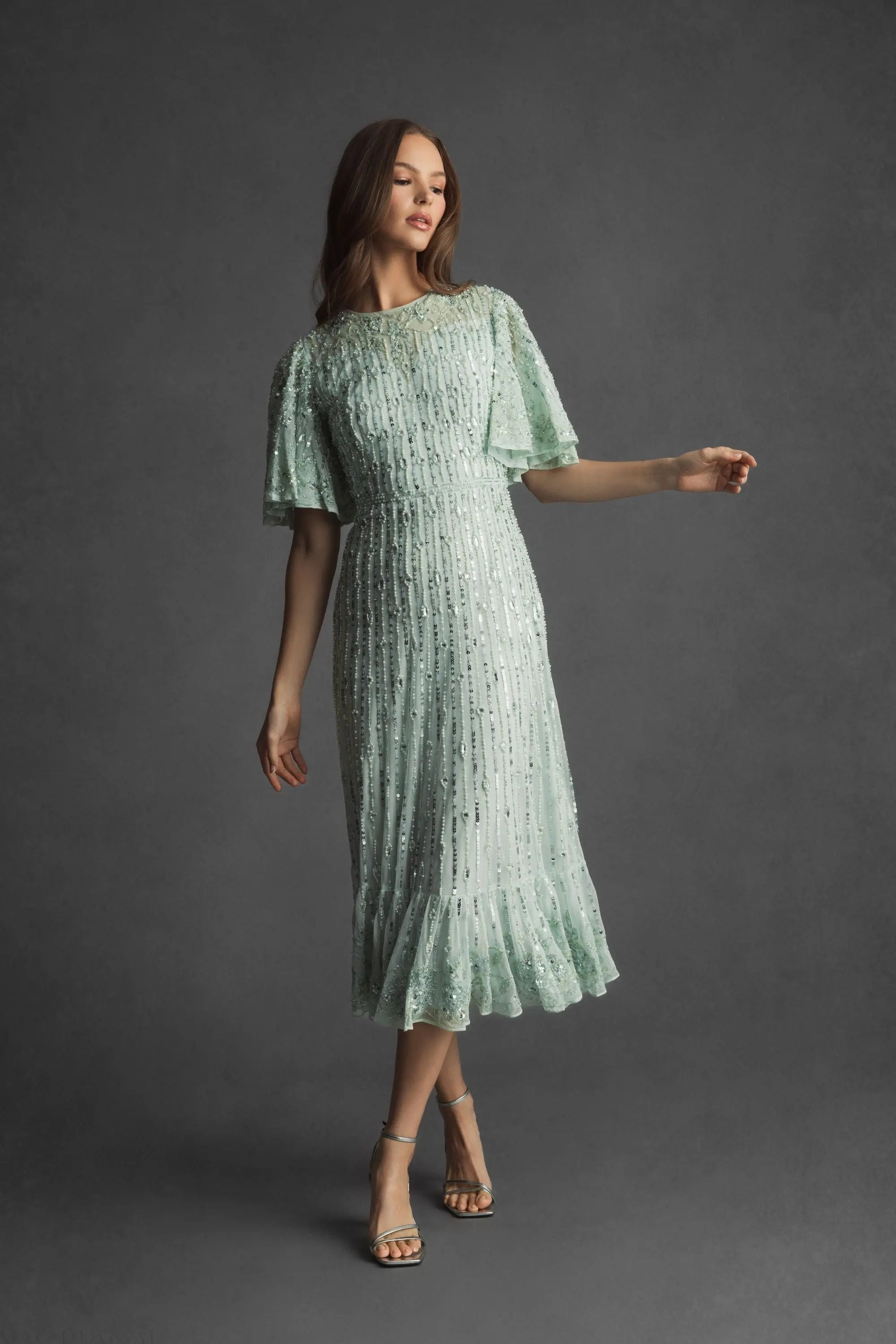 Green Flounce Sleeve Midi Dress-Myartka
