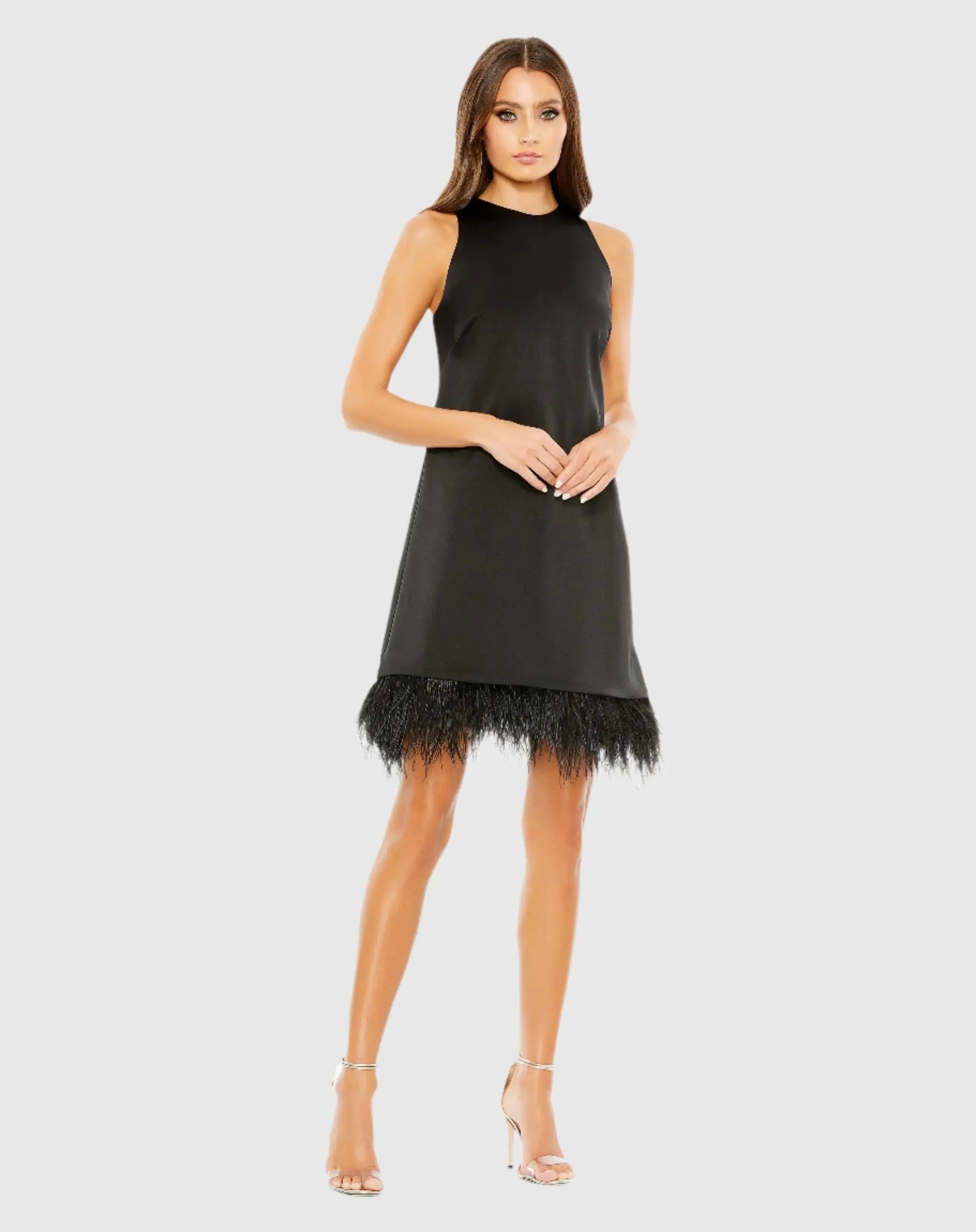 Black Feathered Hem High Neck Sleeveless Trapeze Dress-Myartka