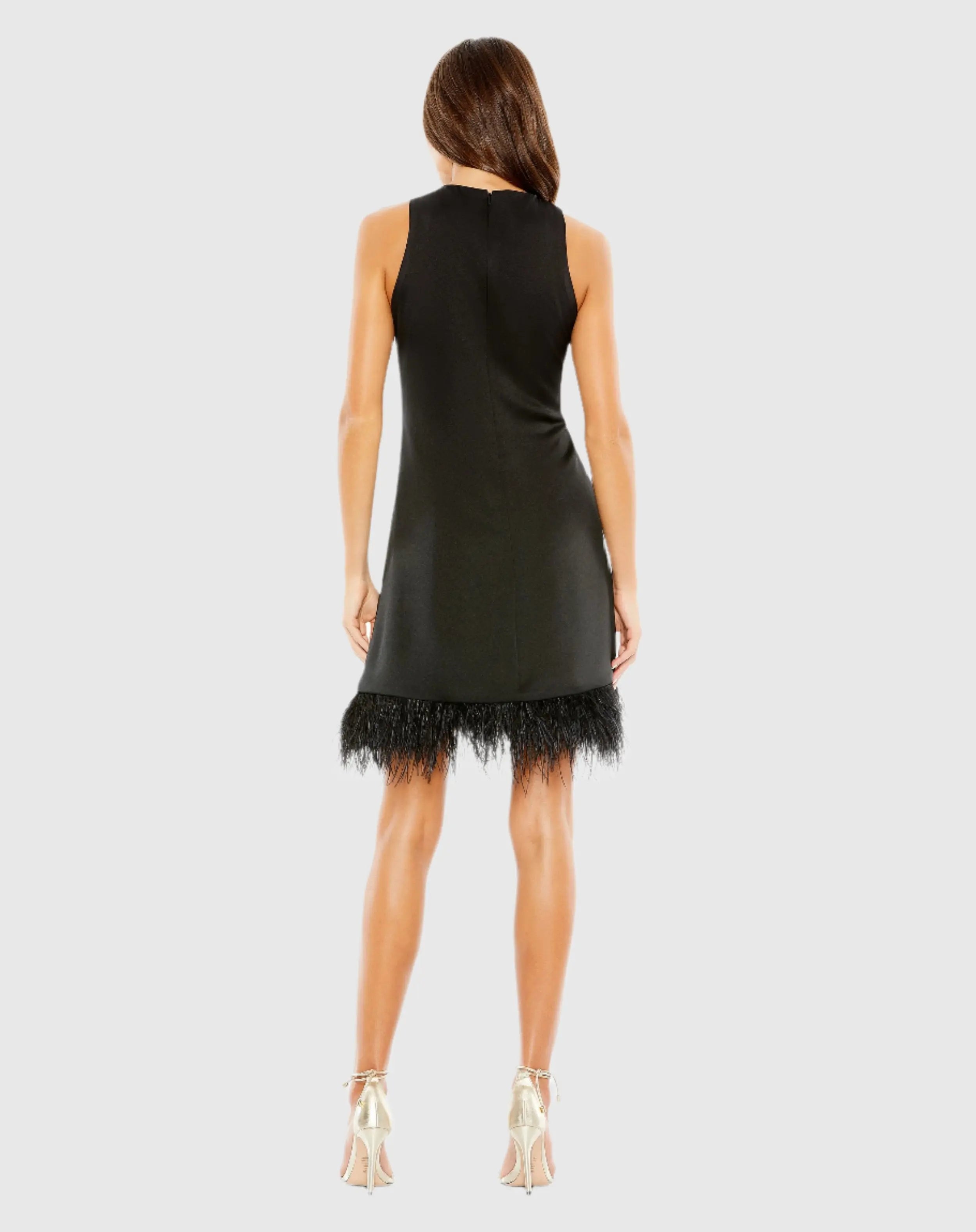 Black Feathered Hem High Neck Sleeveless Trapeze Dress-Myartka