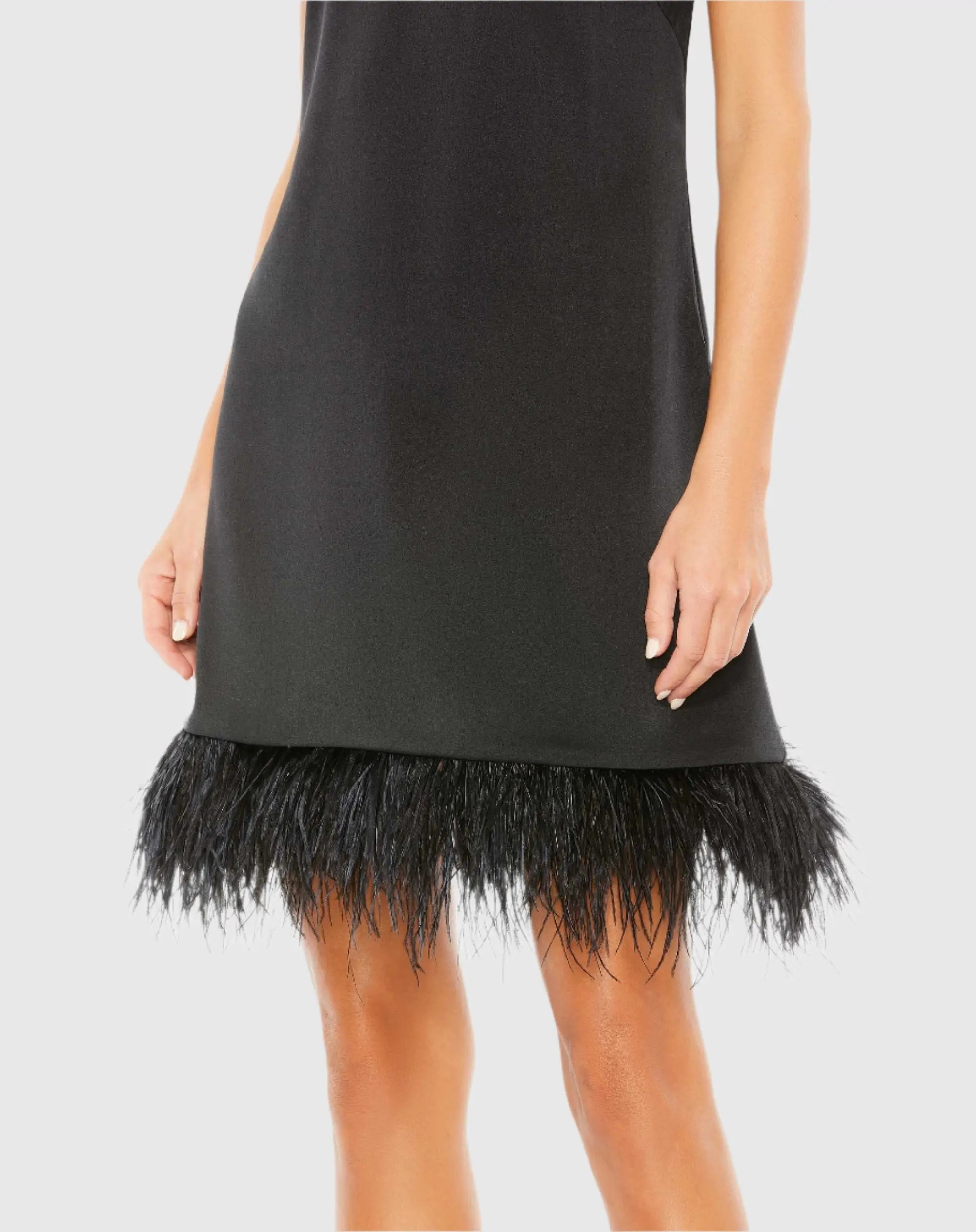 Black Feathered Hem High Neck Sleeveless Trapeze Dress-Myartka