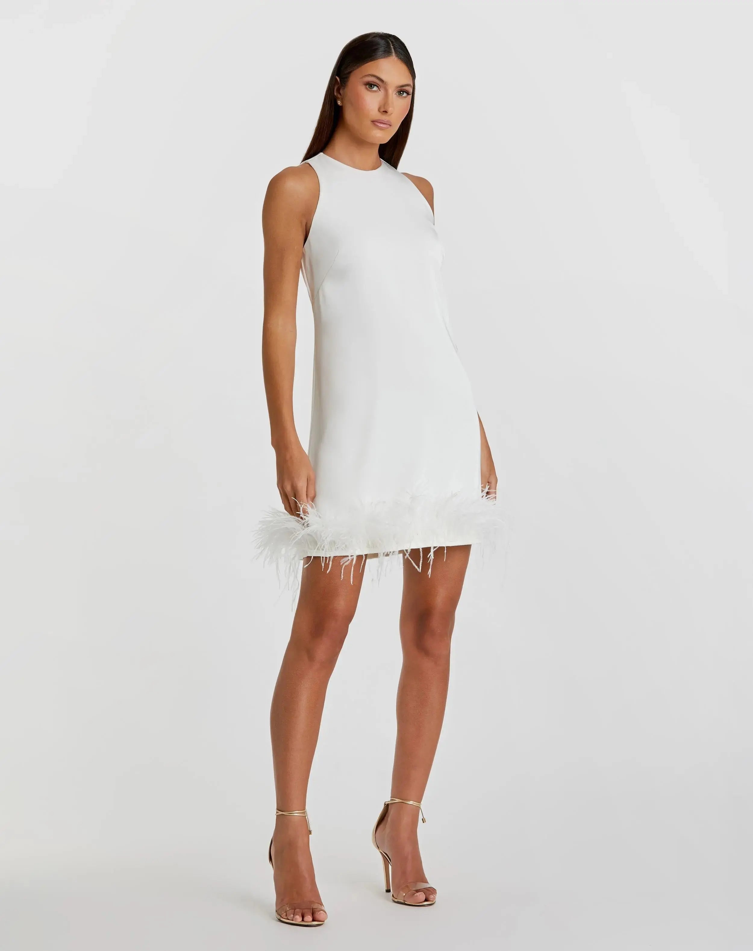 White Feathered Hem High Neck Sleeveless Trapeze Dress-Myartka
