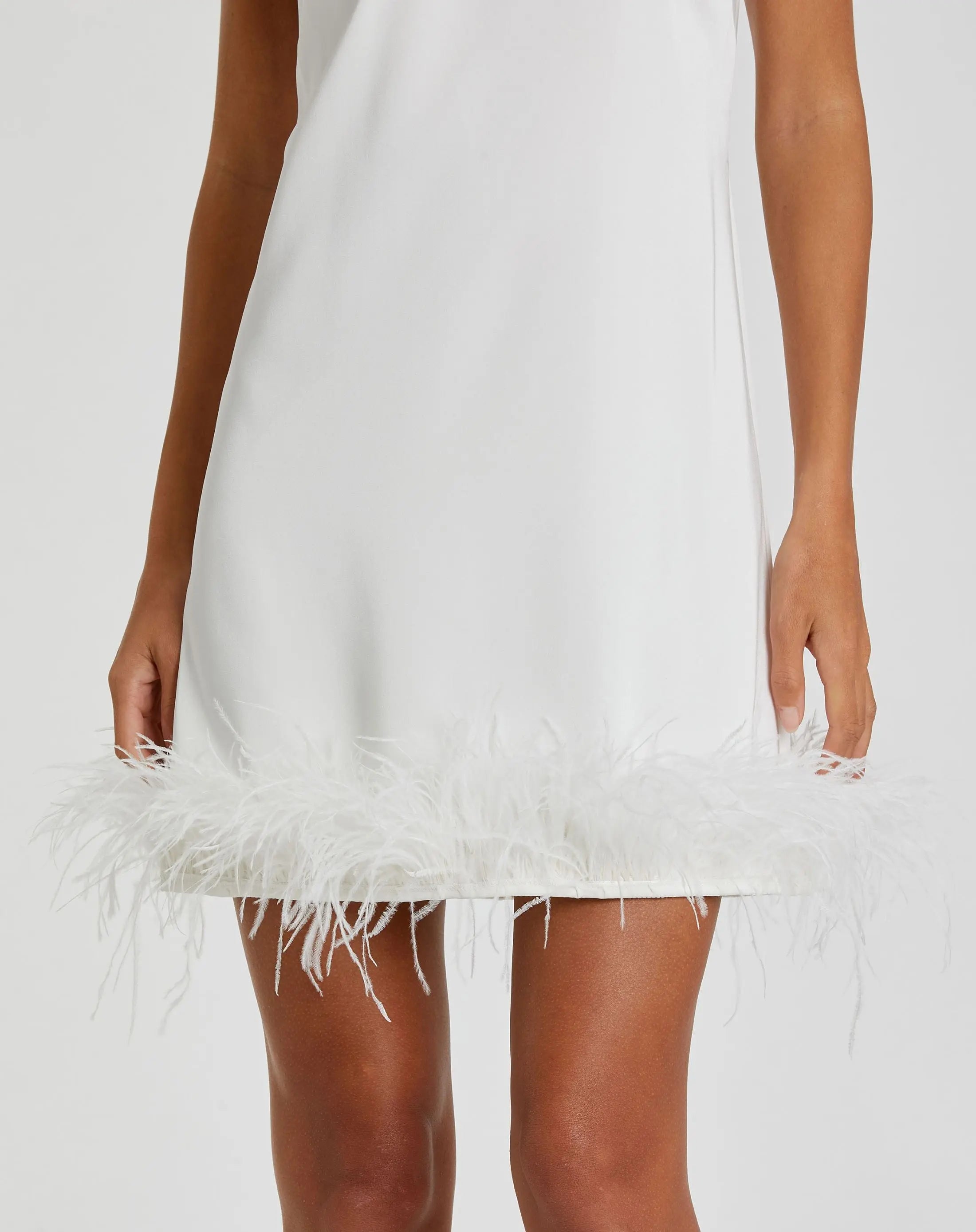 White Feathered Hem High Neck Sleeveless Trapeze Dress-Myartka