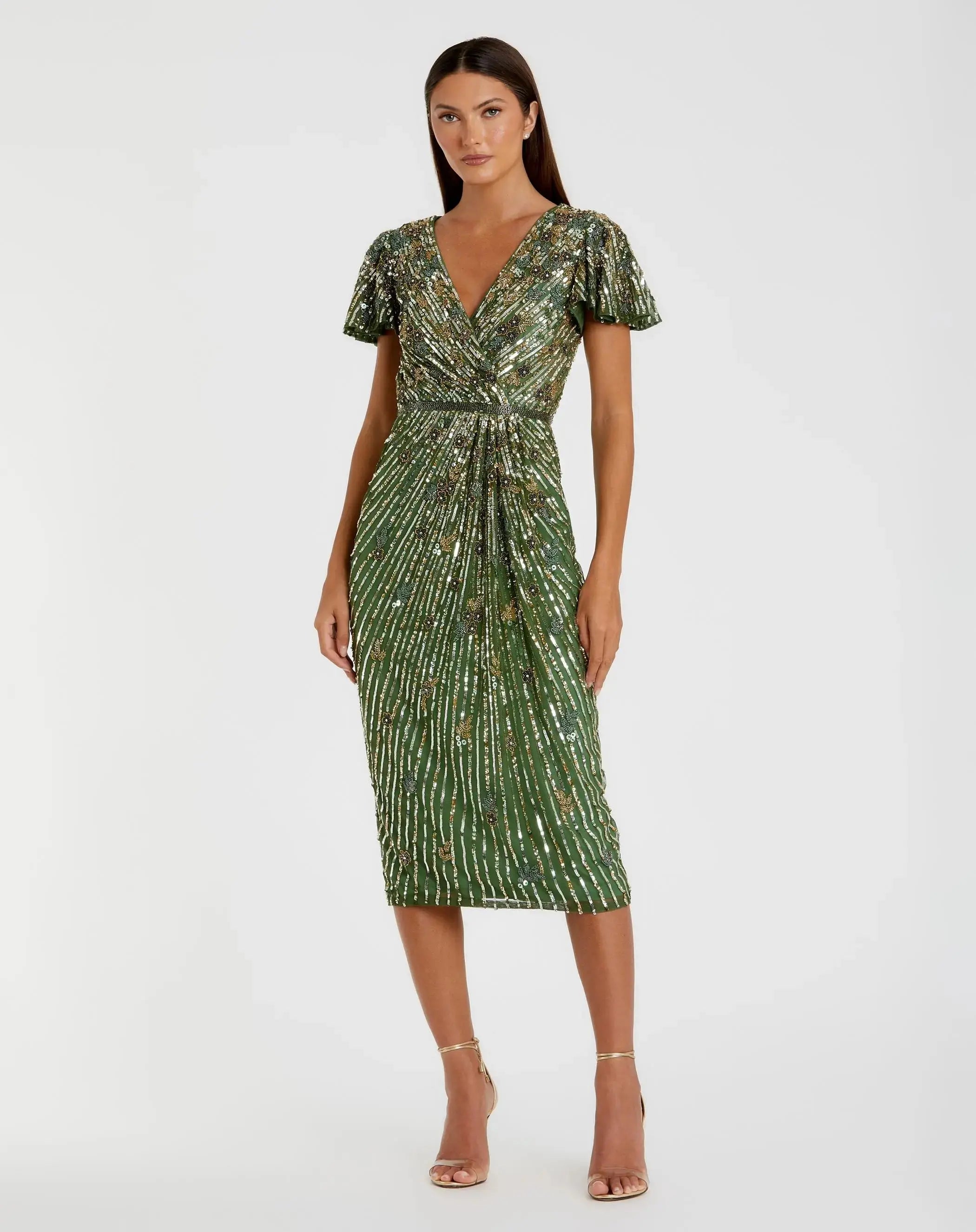 Green Embellished Faux Wrap Flutter Sleeve Dress-Myartka