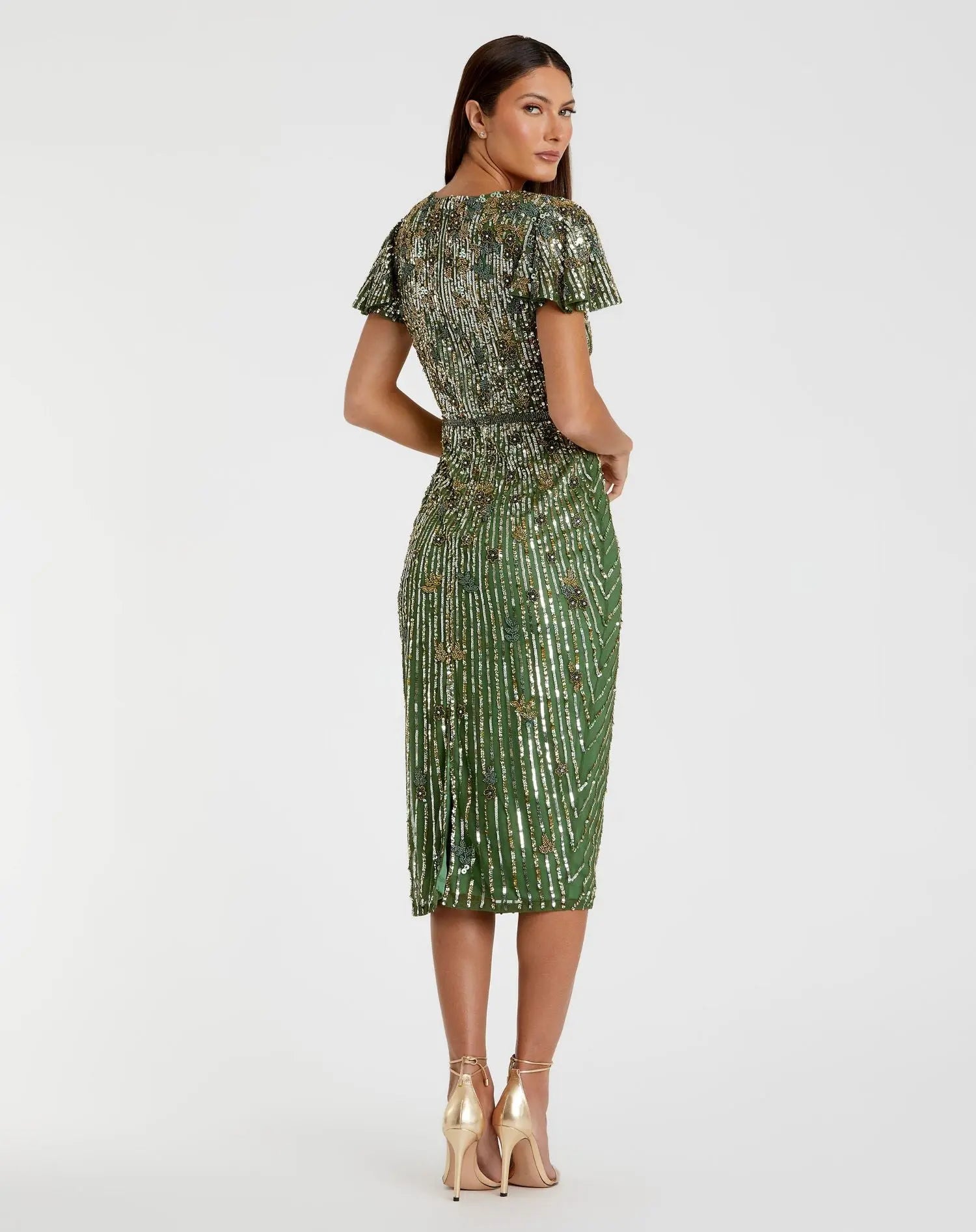 Green Embellished Faux Wrap Flutter Sleeve Dress-Myartka