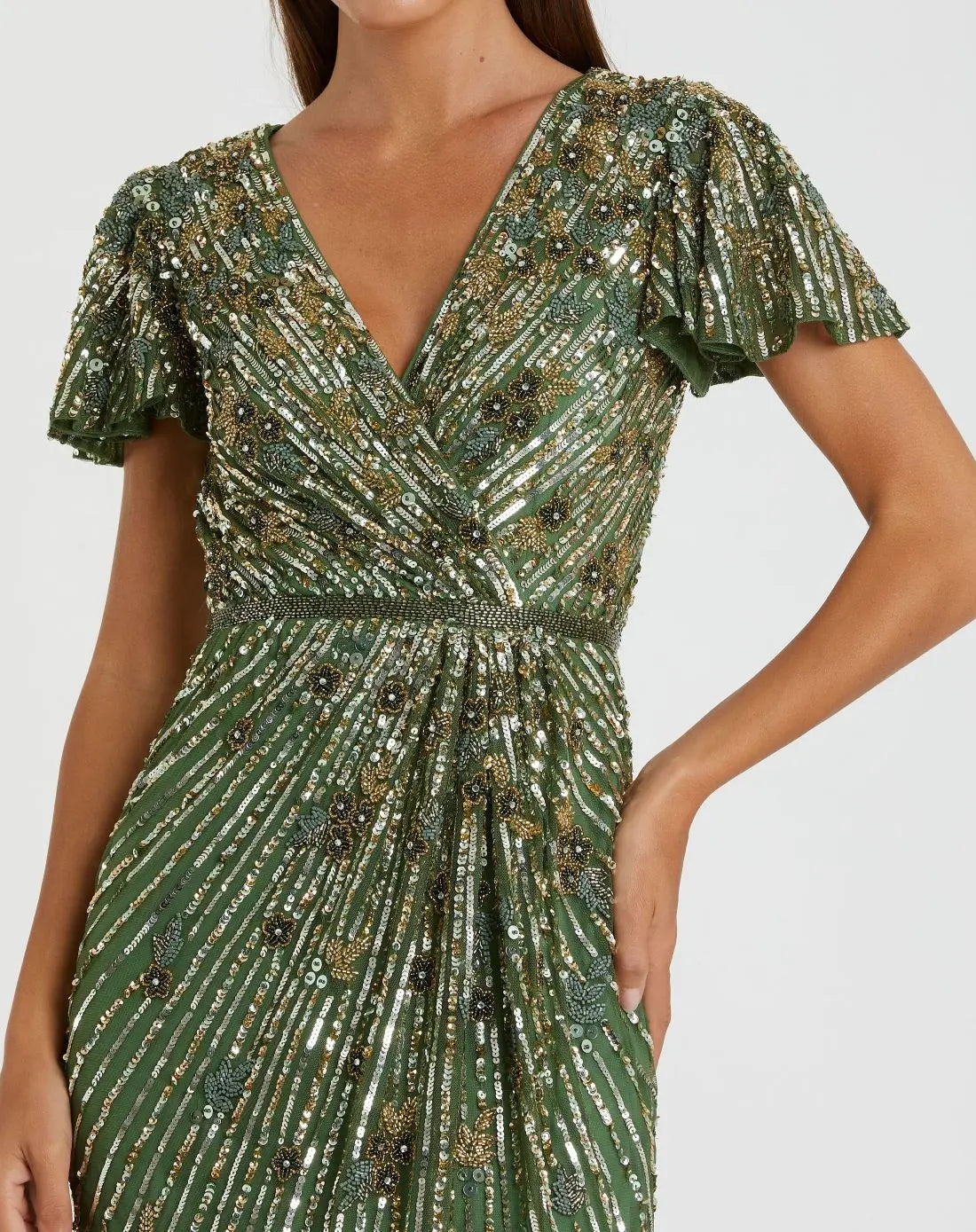 Green Embellished Faux Wrap Flutter Sleeve Dress-Myartka
