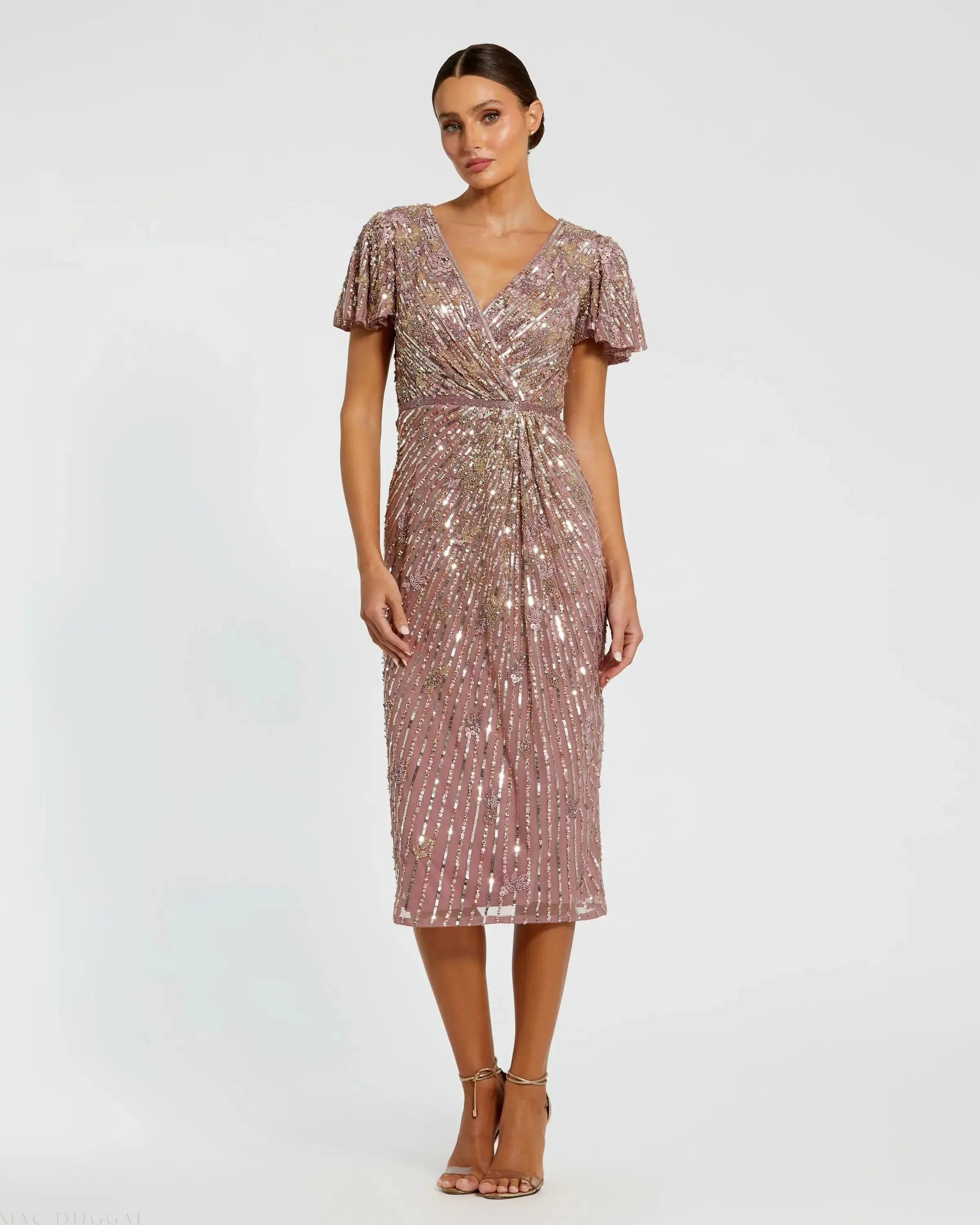 Purple Embellished Faux Wrap Flutter Sleeve Dress-Myartka