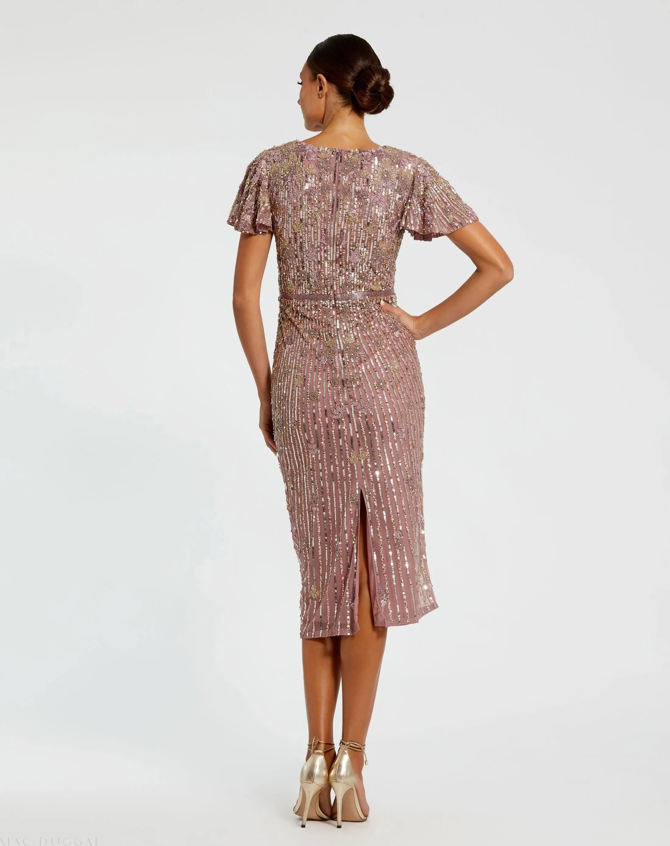 Purple Embellished Faux Wrap Flutter Sleeve Dress-Myartka