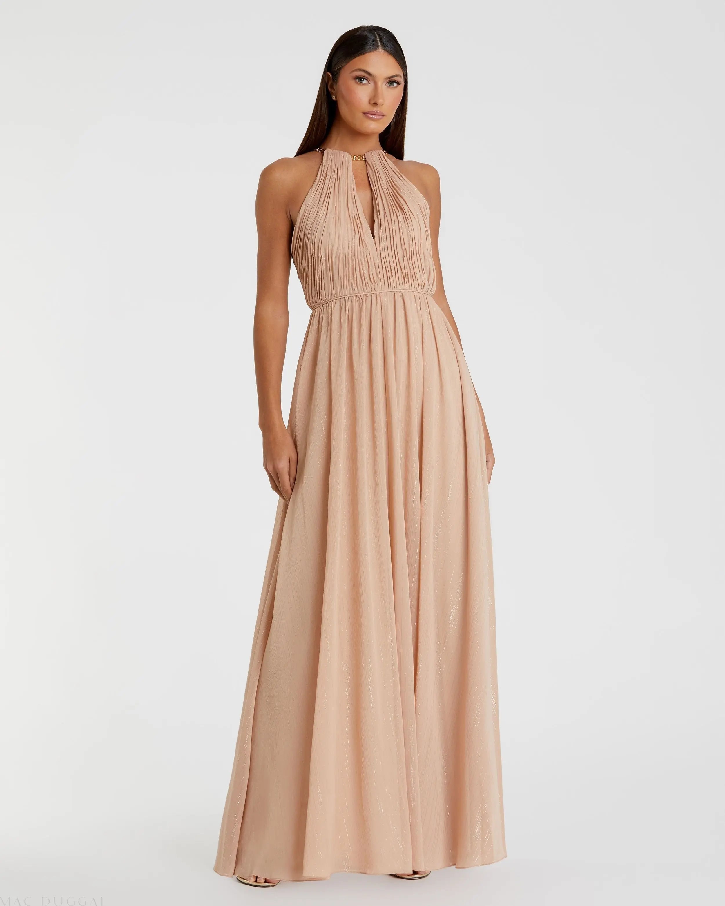 Beige Chain Trim Keyhole Halter Neck A Line Gown-Myartka