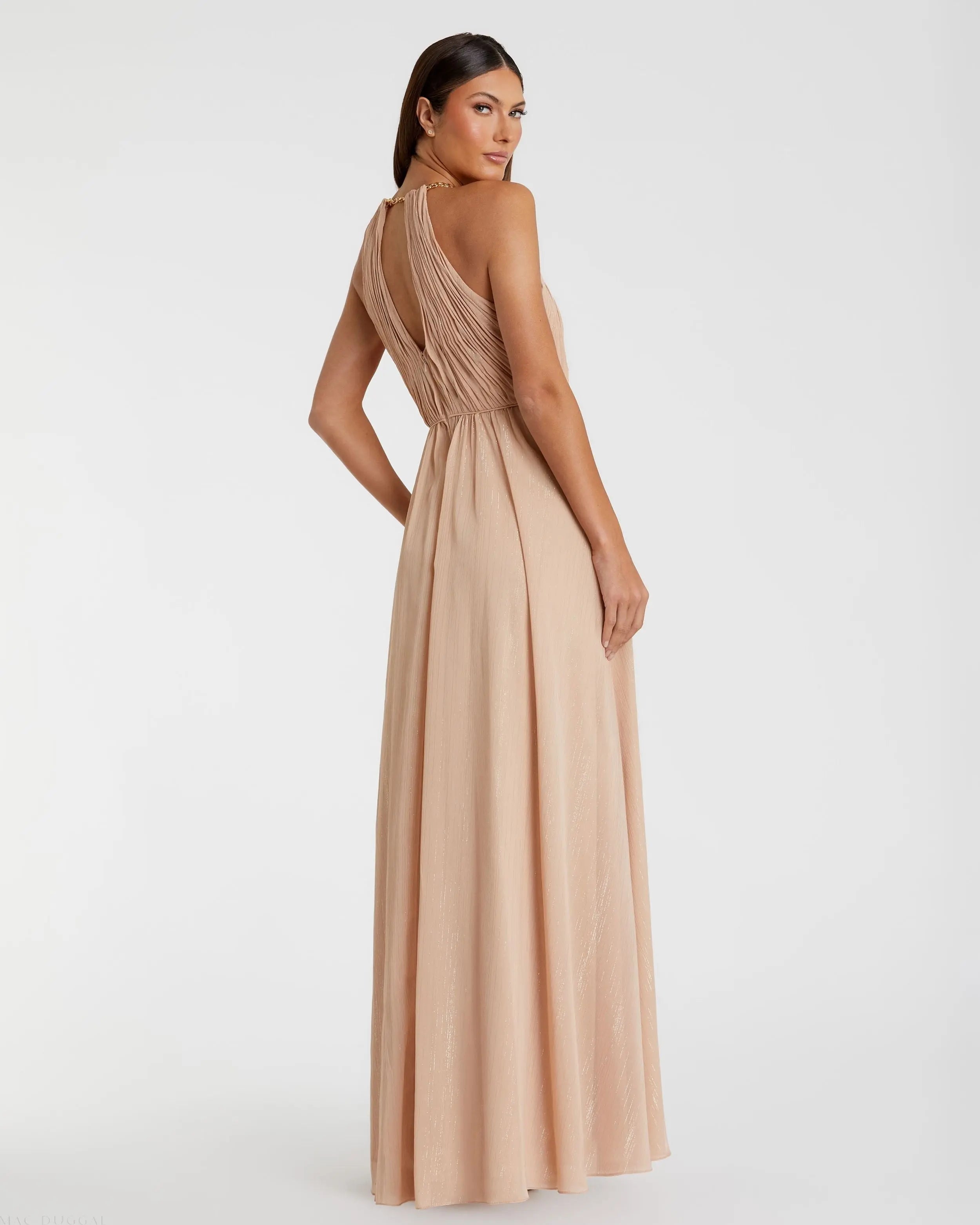 Beige Chain Trim Keyhole Halter Neck A Line Gown-Myartka