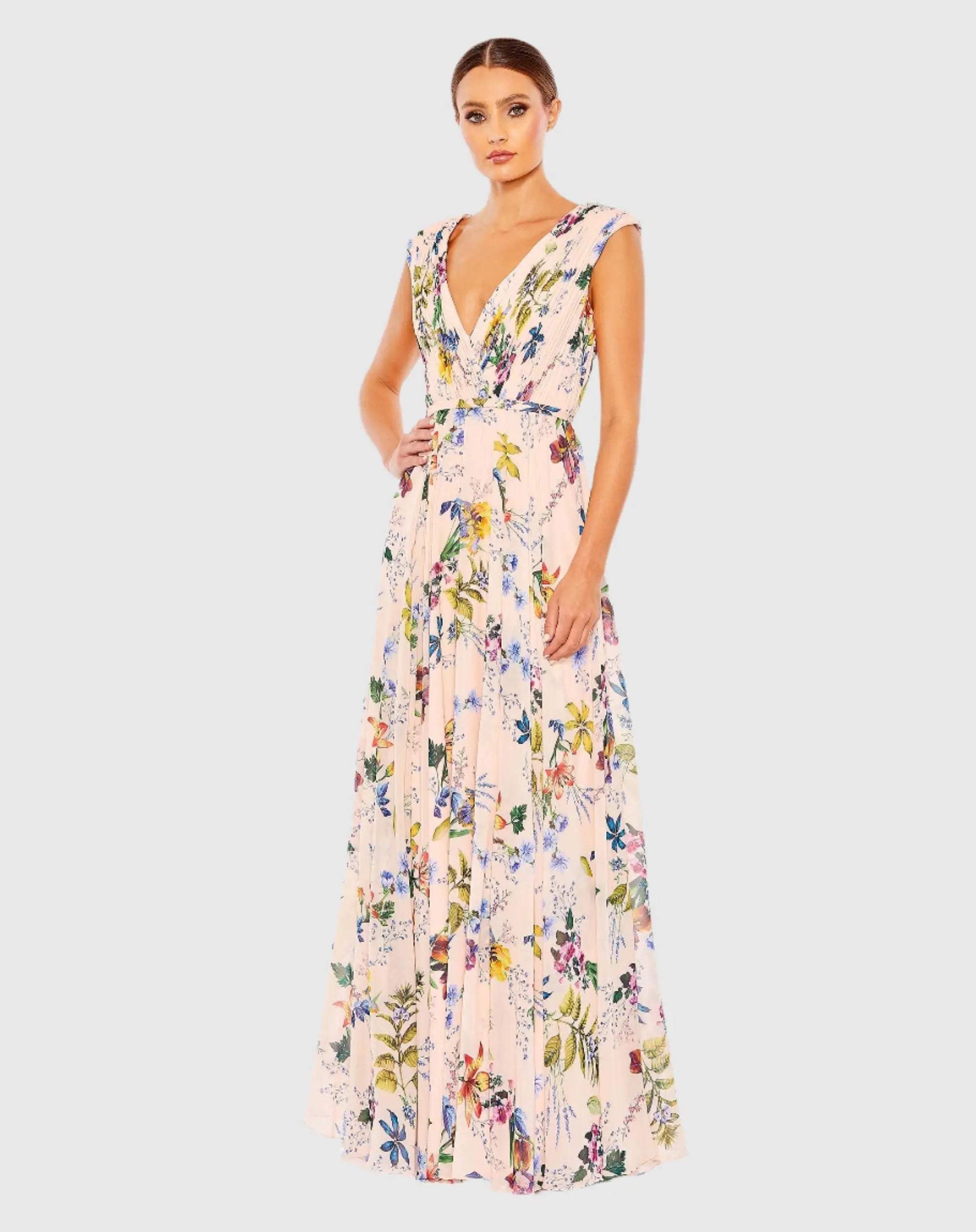 Pink Multicolor Pleated Floral Cap Sleeve A Line Gown-Myartka