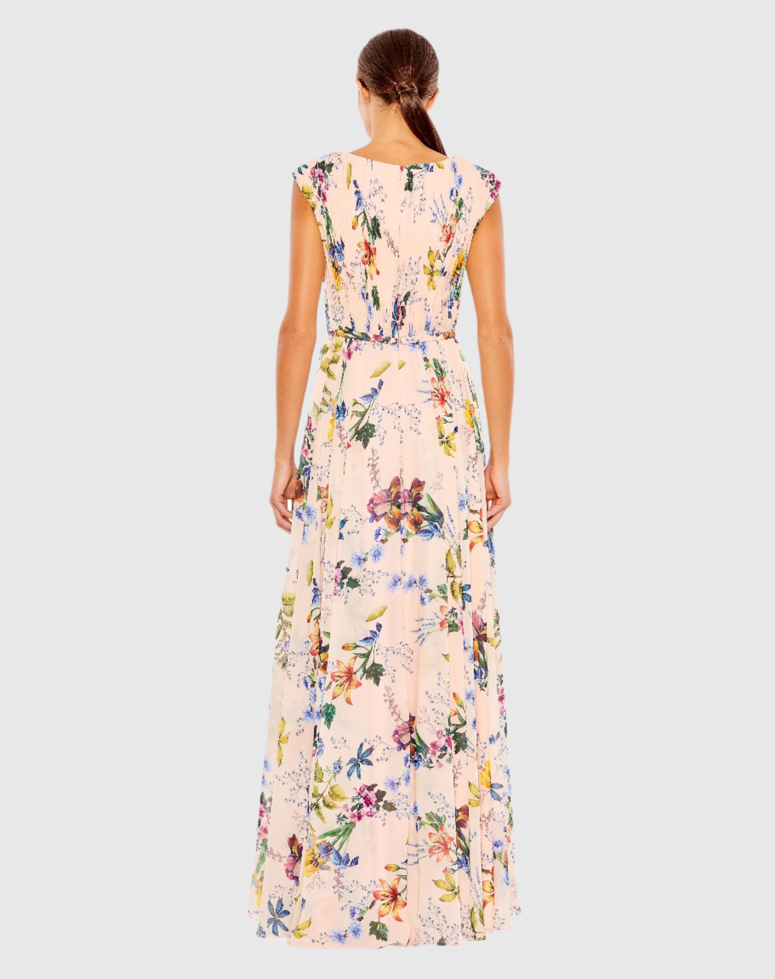 Pink Multicolor Pleated Floral Cap Sleeve A Line Gown-Myartka