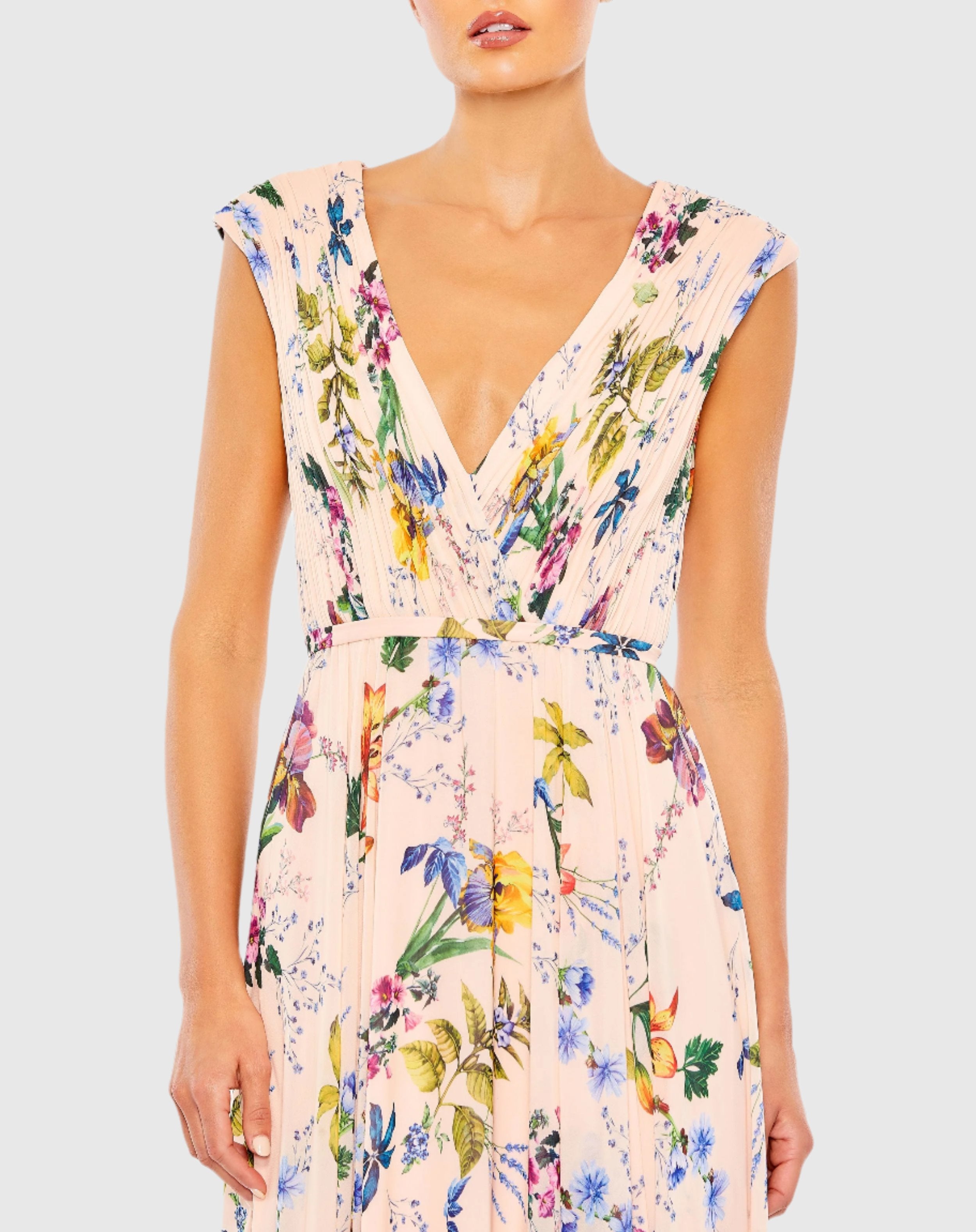 Pink Multicolor Pleated Floral Cap Sleeve A Line Gown-Myartka