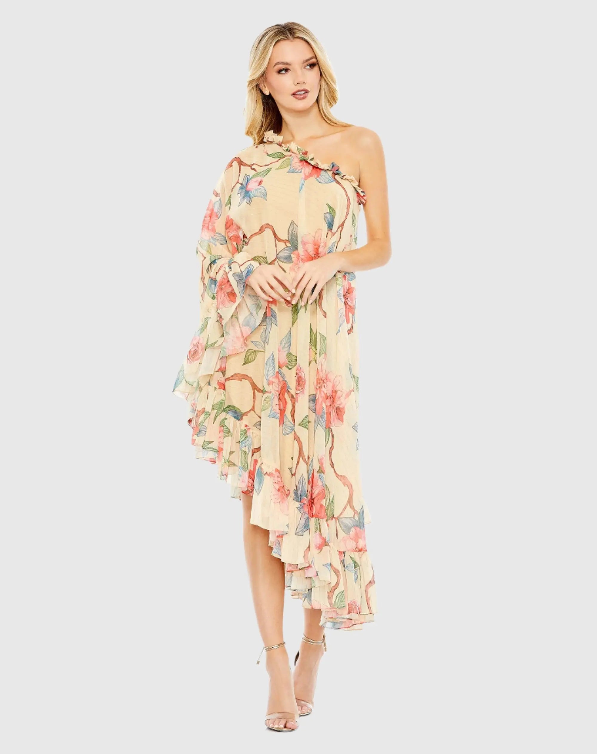 Beige Floral Print One Shoulder Cape Dress-Myartka
