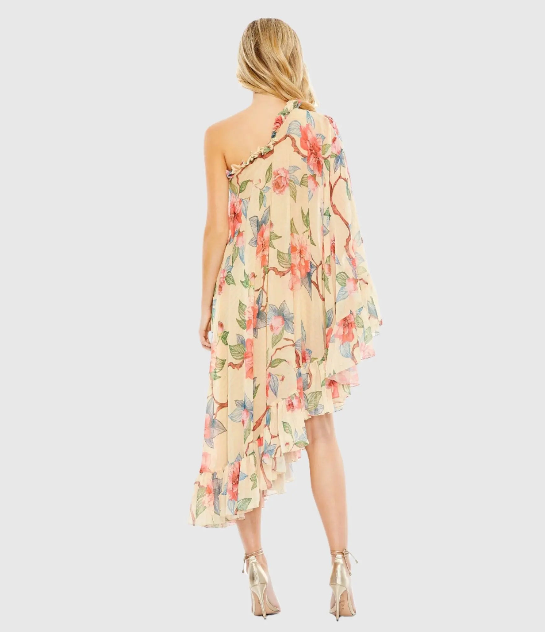 Beige Floral Print One Shoulder Cape Dress-Myartka