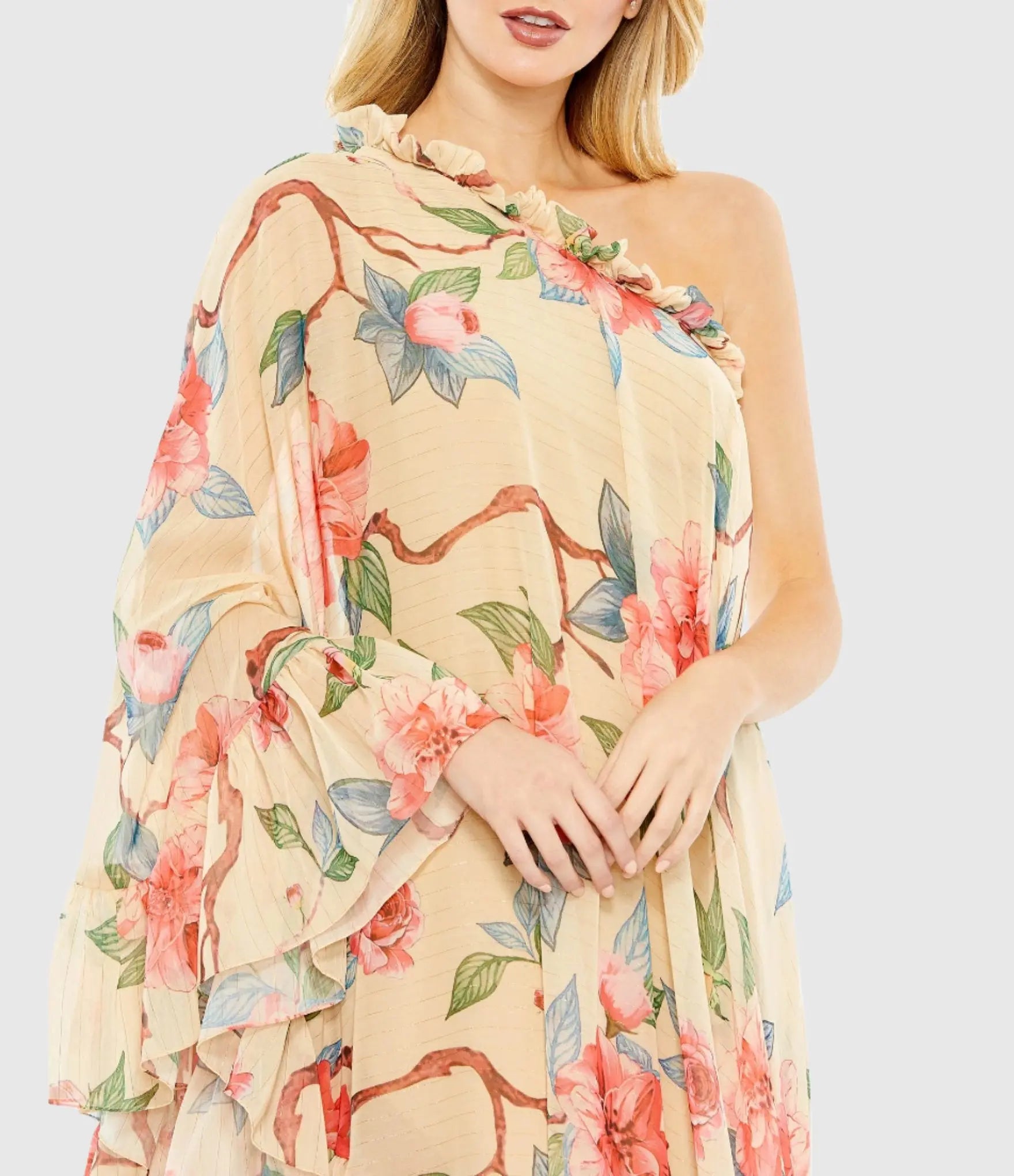 Beige Floral Print One Shoulder Cape Dress-Myartka