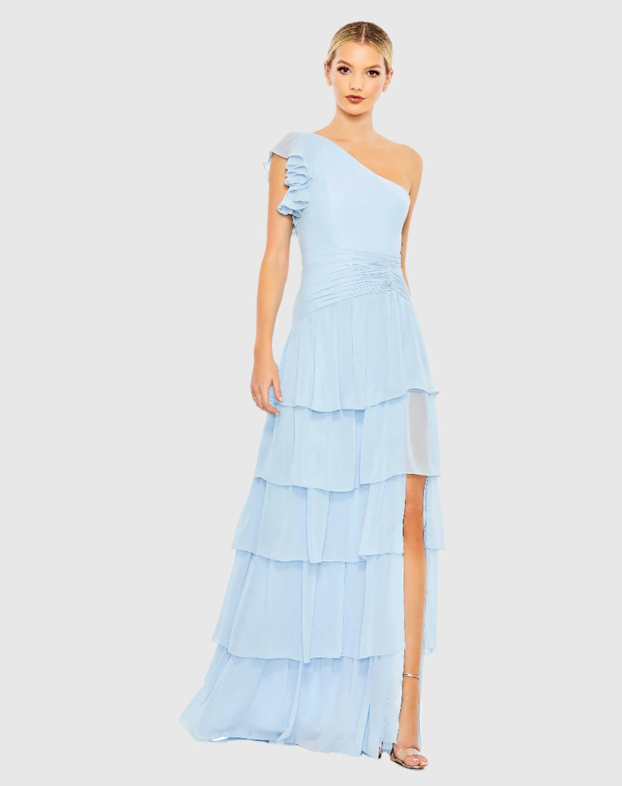 Blue Ruffle Tiered One Flutter Sleeve Gown-Myartka