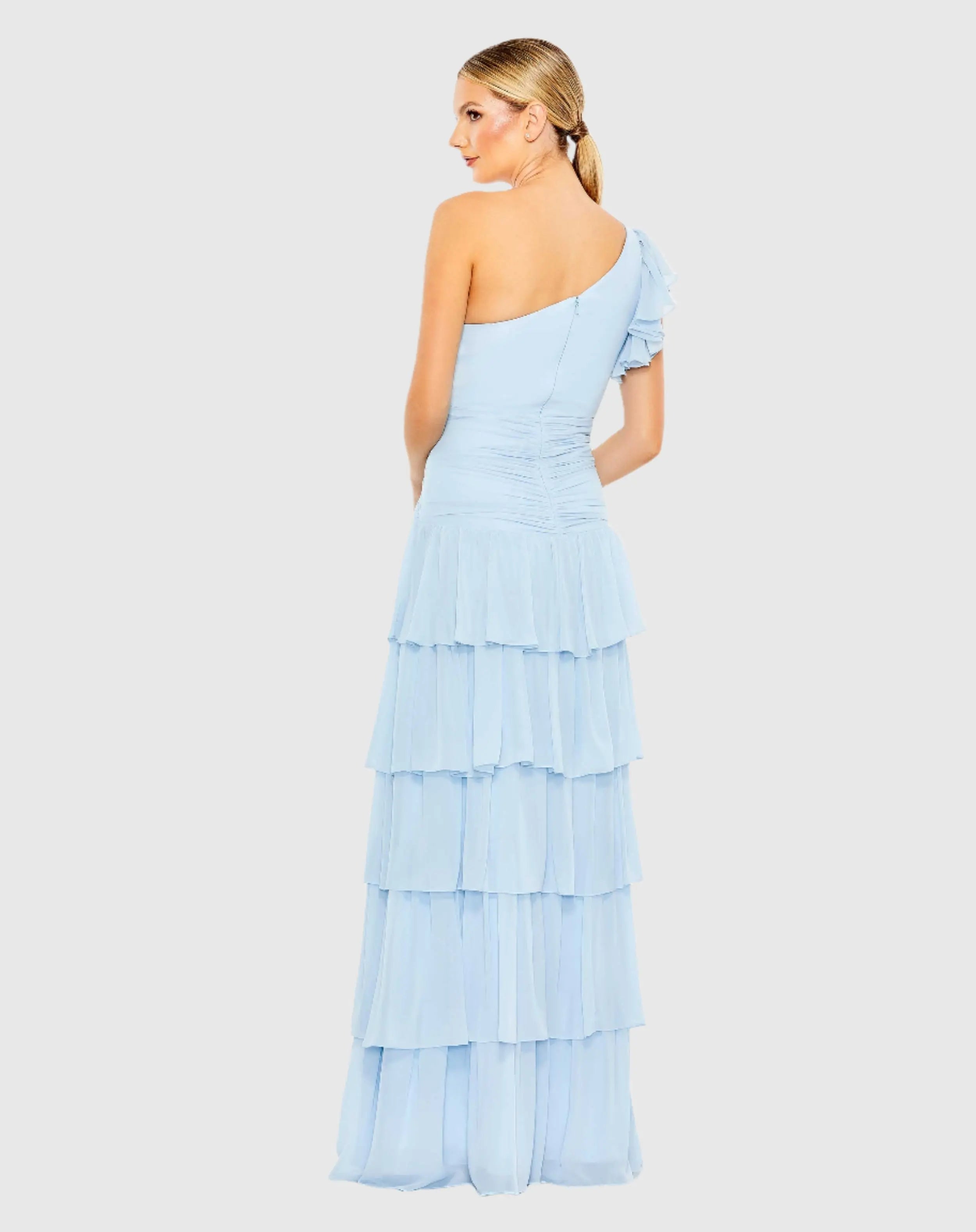 Blue Ruffle Tiered One Flutter Sleeve Gown-Myartka
